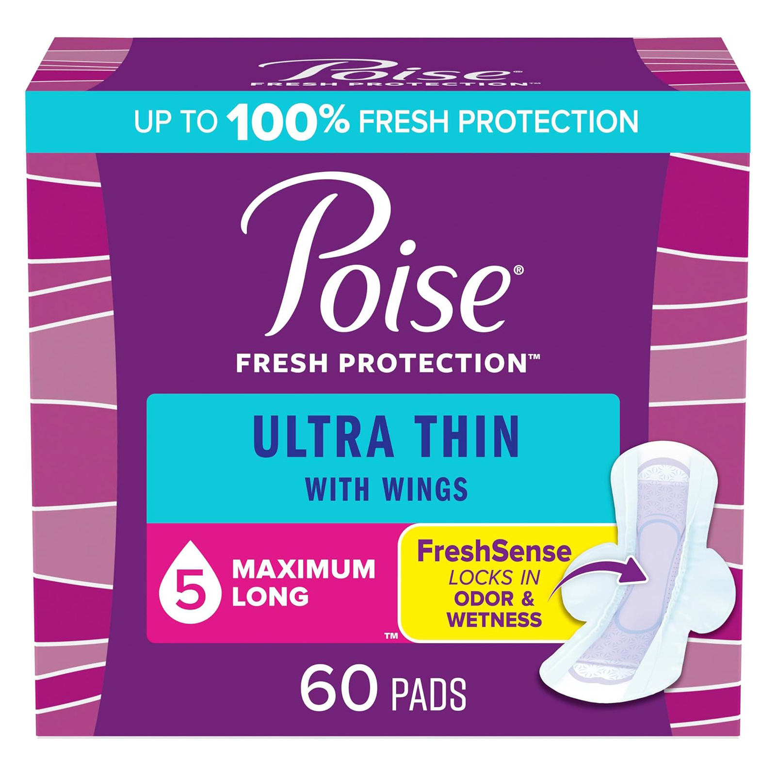 Poise Ultra Thin Incontinence & Postpartum Pads with Wings for Bladder Leaks, 5 Drop Maximum Absorbency, Long Length, 60 Count, Packaging May Vary