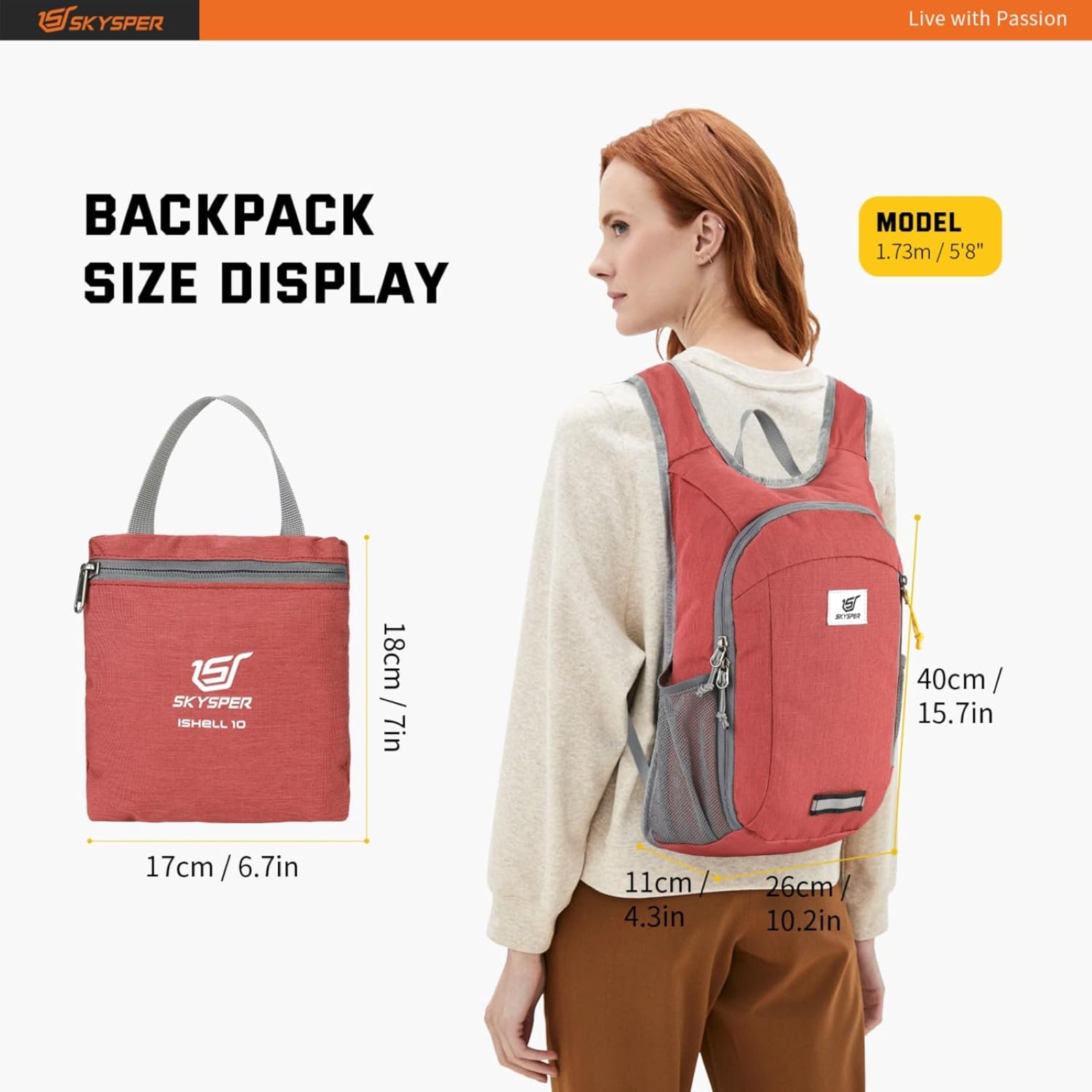 SKYSPER Small Daypack 10L Hiking Backpack Packable Lightweight Travel Day Pack for Women Men (Red)