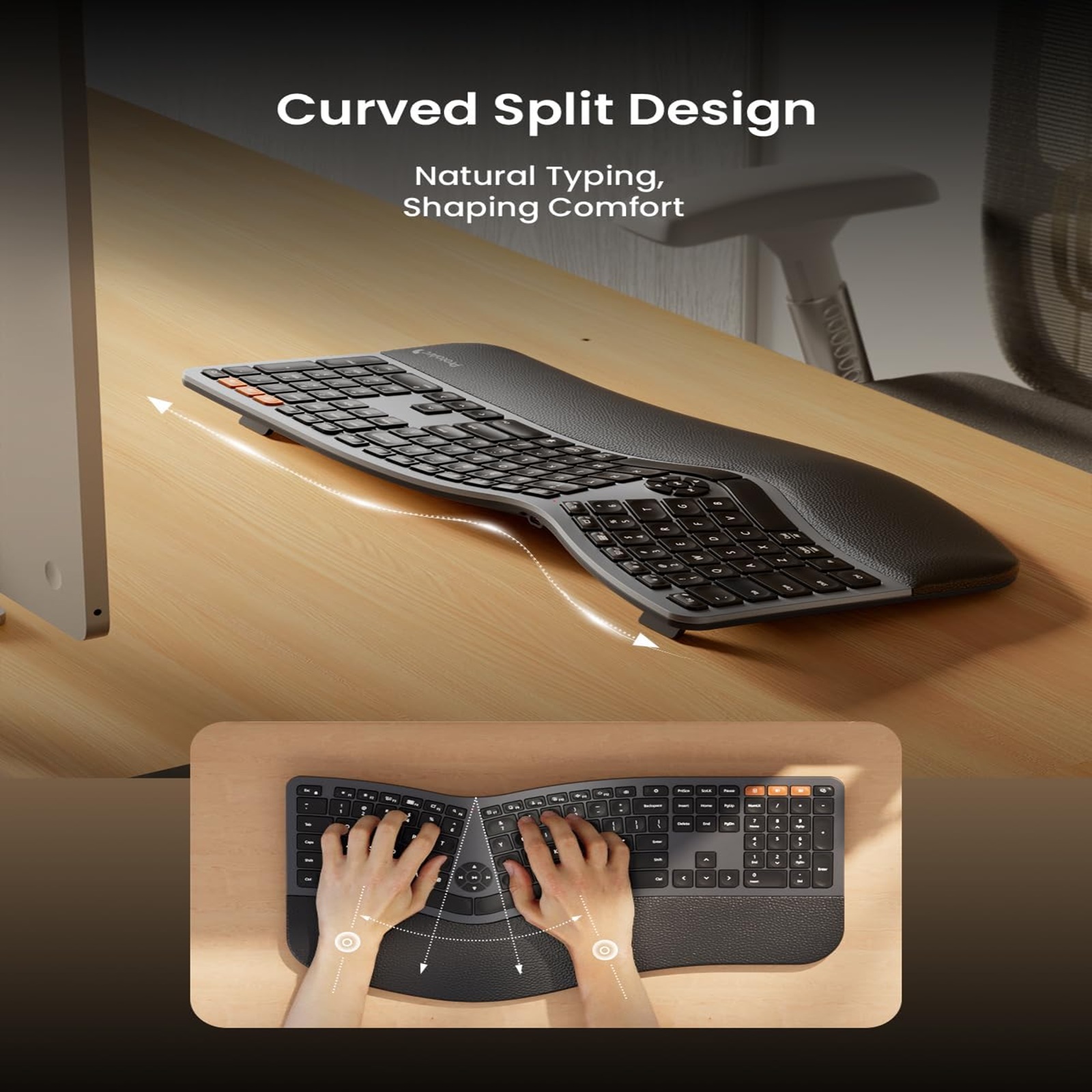 Backlit Wireless Ergonomic Keyboard, EK01 Plus Full Size Ergo Split Keyboard with Wrist Rest, USB-C Charging, Bluetooth and USB, Natural Typing Compatible with Windows/Mac/Android