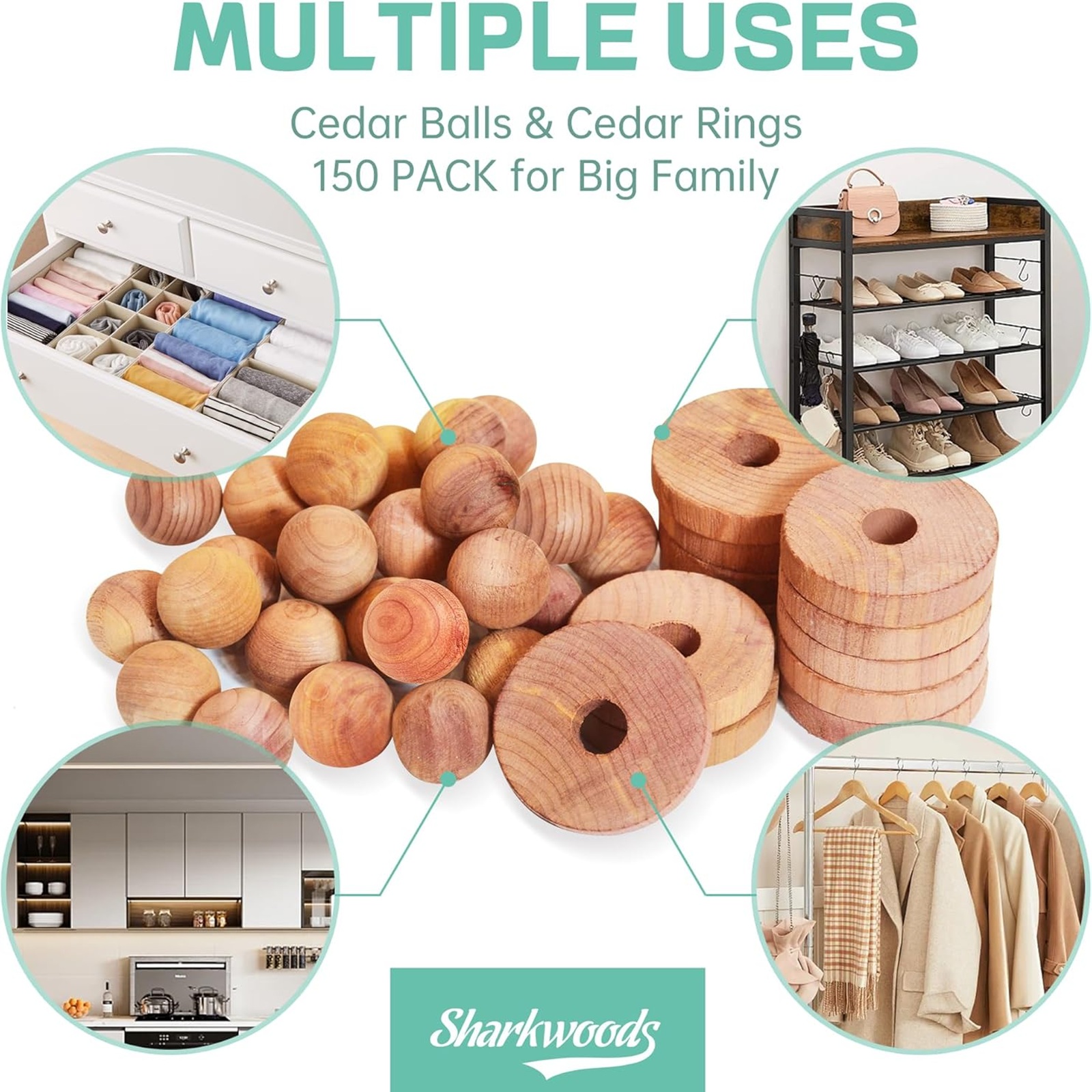 150 Cedar Blocks for Clothes Storage Cedar Variety, Cedar Rings & Cedar Balls 100% Natural Aromatic Cedar Accessories for Closets & Drawers (150 Pack-Rings & Balls)