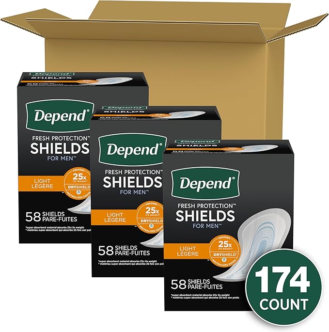 Depend Incontinence/Bladder Control Shields, Pads for Men, Light Absorbency, 174 Count (3 Packs of 58) (Packaging May Vary)