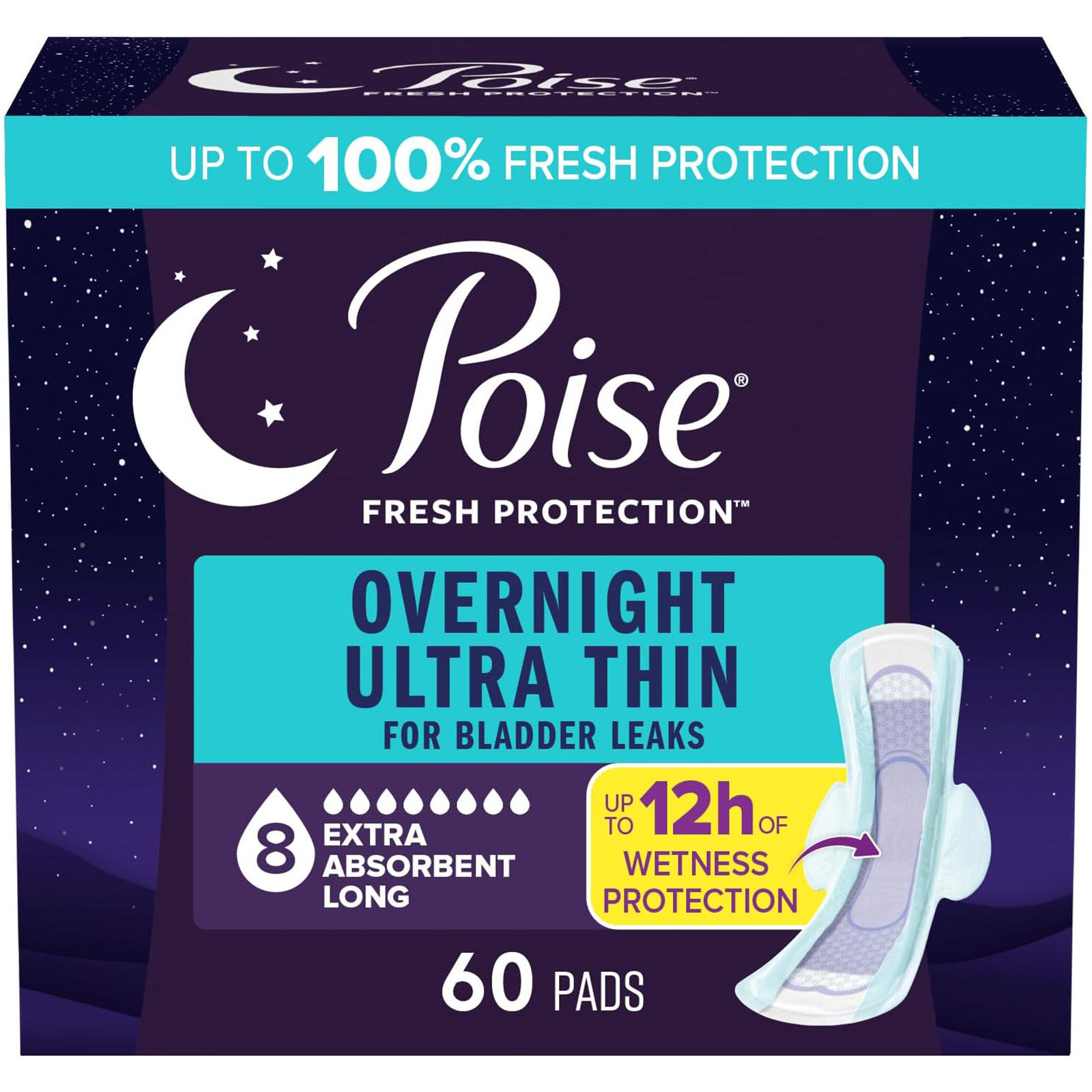 Poise Overnight Ultra Thin Pads with Wings: 8 Drop, Long, 60 Count (3×20)