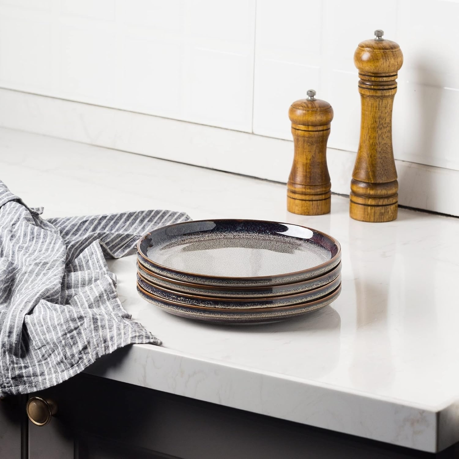 Ceramic Flat Plates Set of 4-8 in - The Dessert, Salad, Appetizer, Small Lunch, etc Plate. Microwave, Oven, and Dishwasher Safe, Scratch Resistant. Kitchen Porcelain Dish-Caramel Brown
