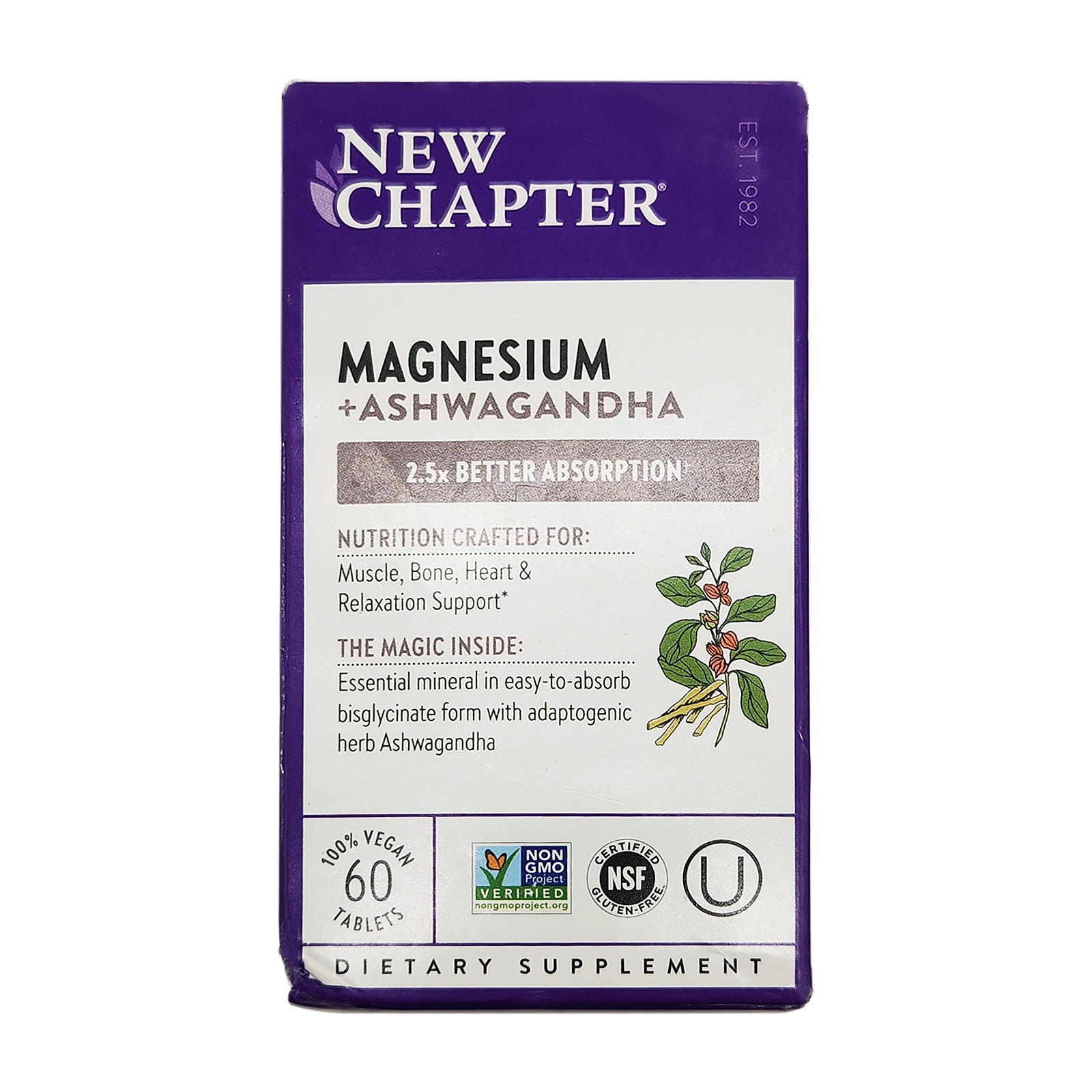 New Chapter Magnesium + Ashwagandha Muscle, Heart, & Bone 60 Tablets 