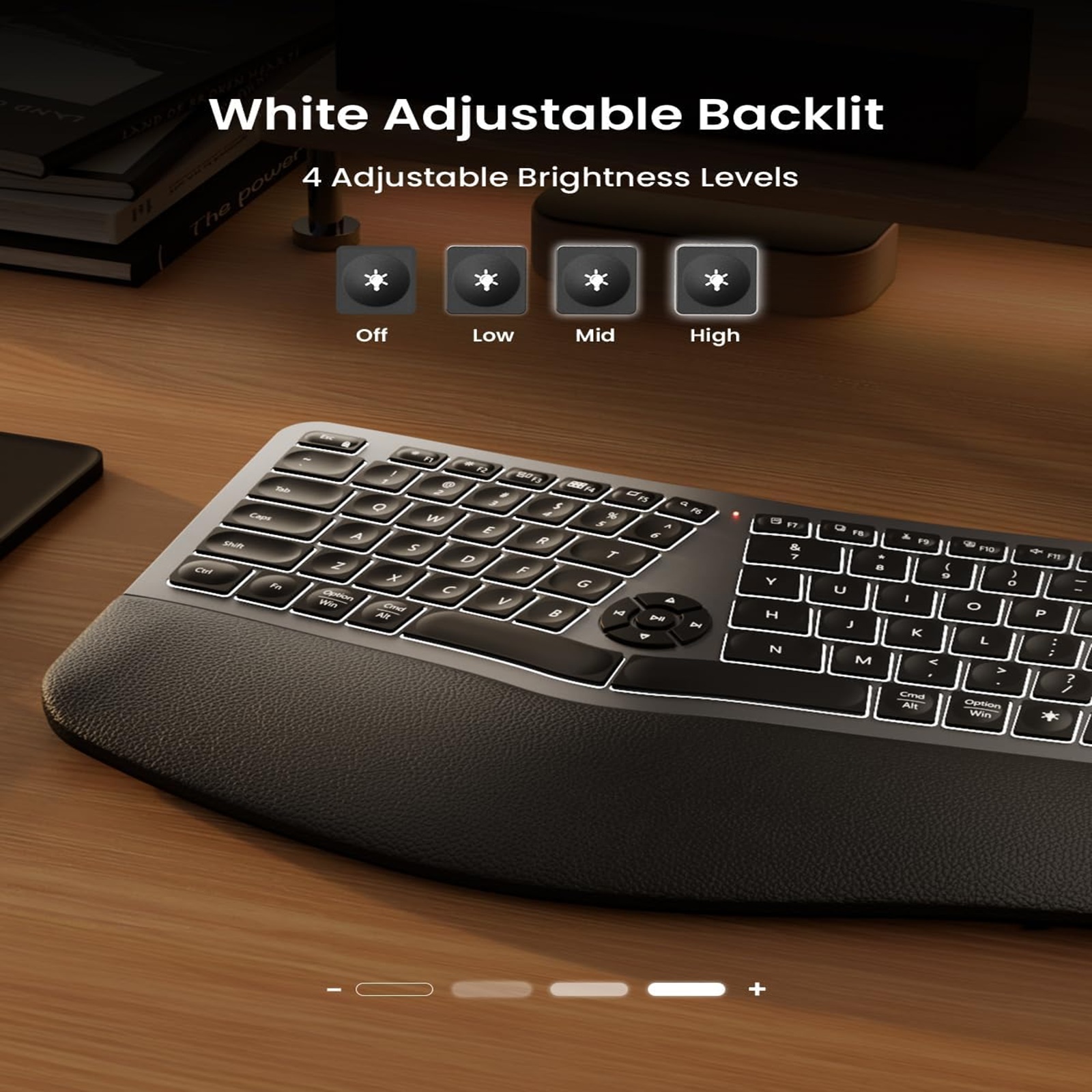 Backlit Wireless Ergonomic Keyboard, EK01 Plus Full Size Ergo Split Keyboard with Wrist Rest, USB-C Charging, Bluetooth and USB, Natural Typing Compatible with Windows/Mac/Android
