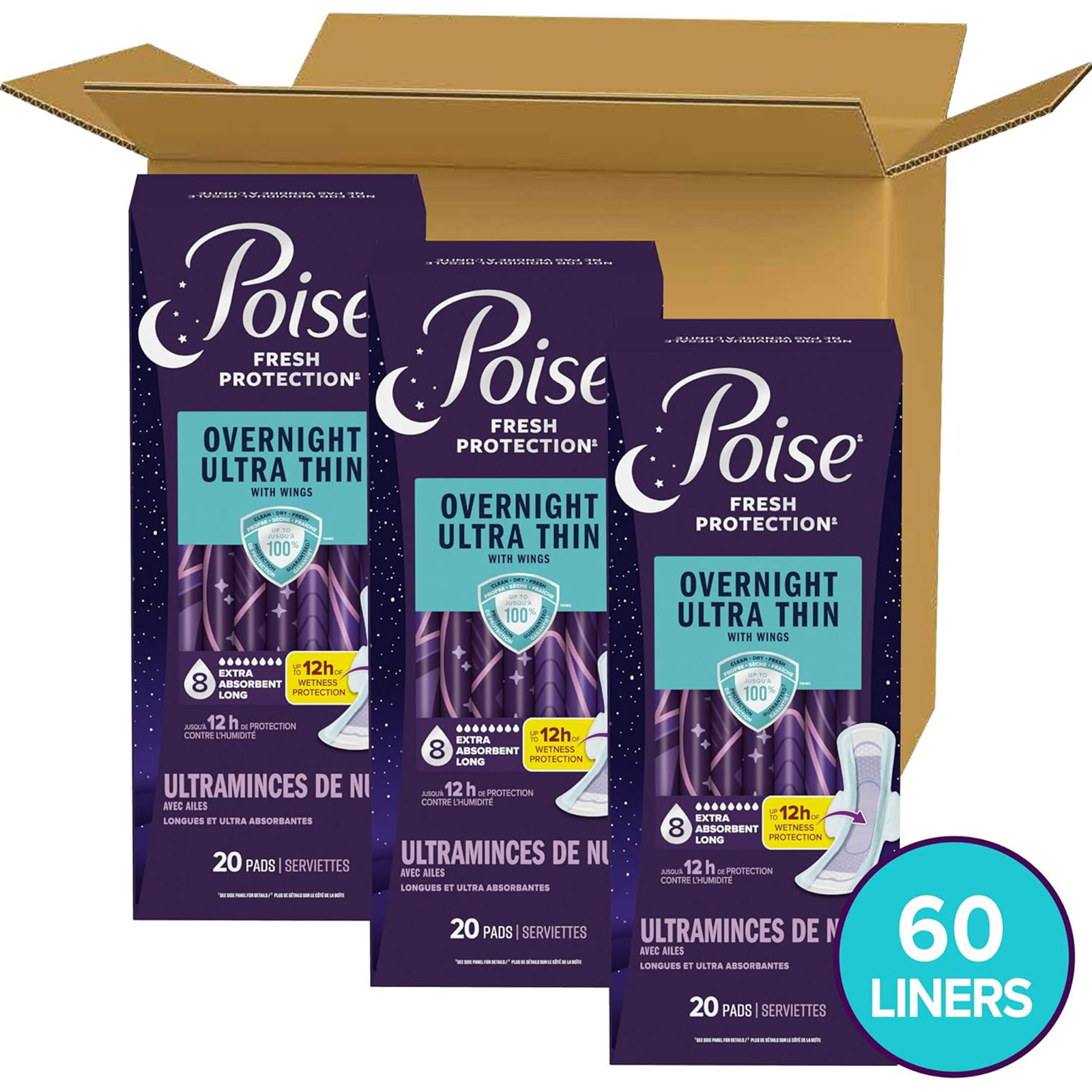 Poise Overnight Ultra Thin Pads with Wings: 8 Drop, Long, 60 Count (3×20)
