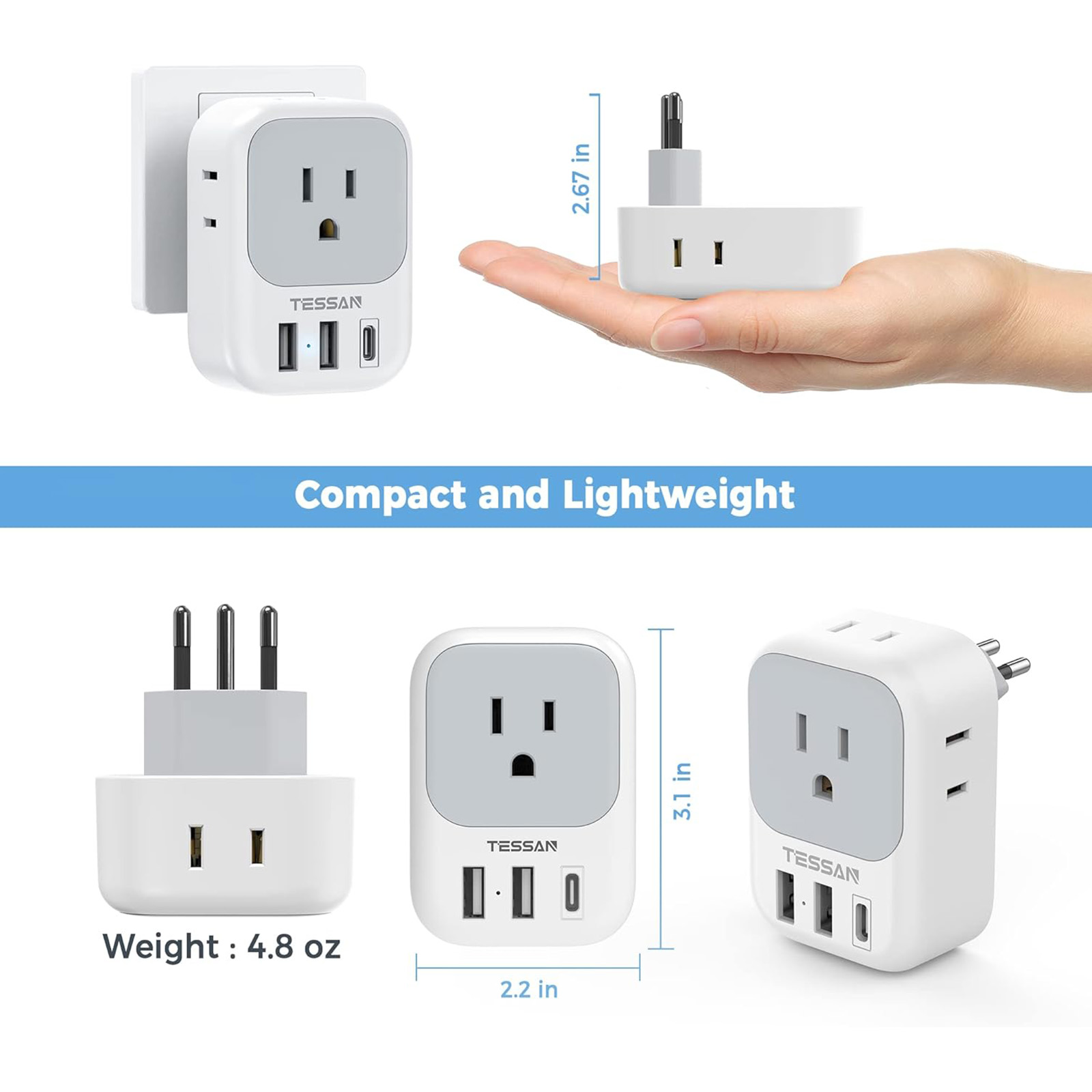TESSAN Brazil Power Type N Adapter, 4 American Outlets 3 USB Charger