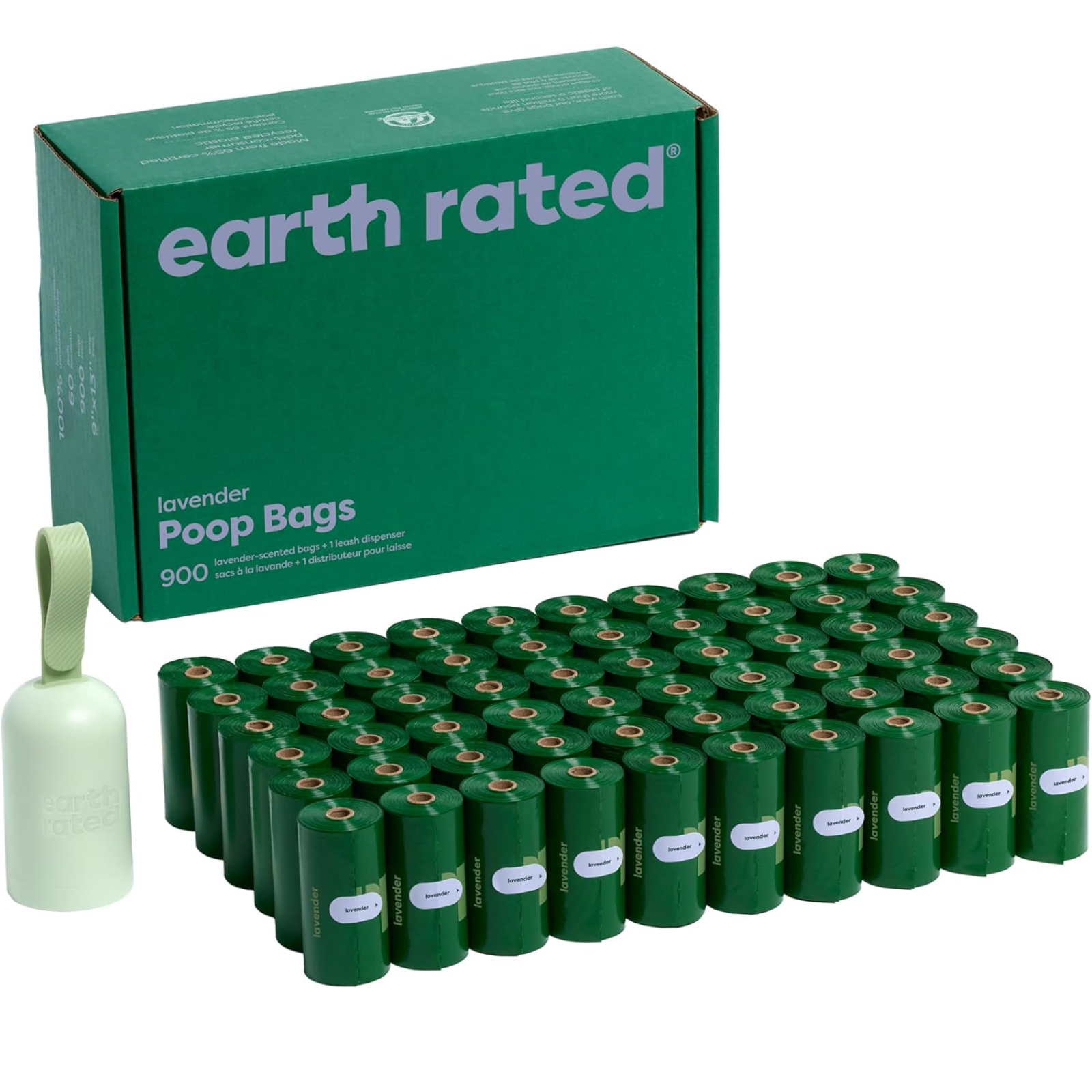 Earth Rated Dog Poop Bag Holder with Bags, Durable and Guaranteed Leakproof, Lavender Scented, 1 Dispenser and 900 Count