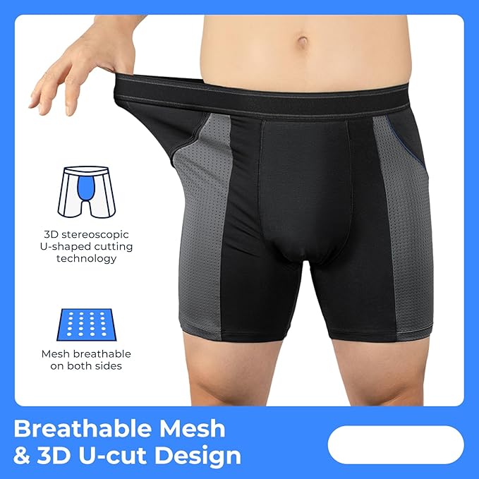 Carer Incontinence Underwear for Men Washable Mens Incontinence Underwear for Bladder Leak Protection 80ML Reusable Leak Proof Underwear for Men Urinary Incontinence Boxer Shorts (2 Black/2 Blue, L)