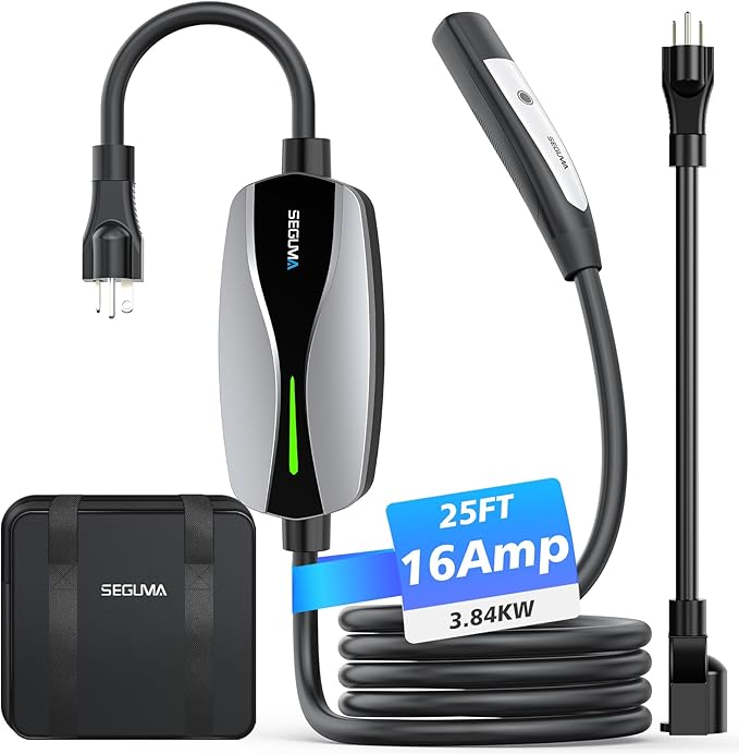 SEGUMA Portable Level 1/2 EV Charger for Tesla, 16Amp NACS Car Charger with 110V-240V, 25FT Extension Cable, NEMA 6-20 Plug, NEMA 5-15 Adapter, Home Mobile Wall Connector EV Charging Station for Tesla Cars