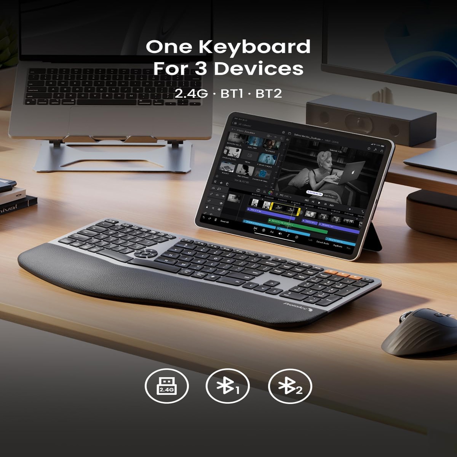 Backlit Wireless Ergonomic Keyboard, EK01 Plus Full Size Ergo Split Keyboard with Wrist Rest, USB-C Charging, Bluetooth and USB, Natural Typing Compatible with Windows/Mac/Android