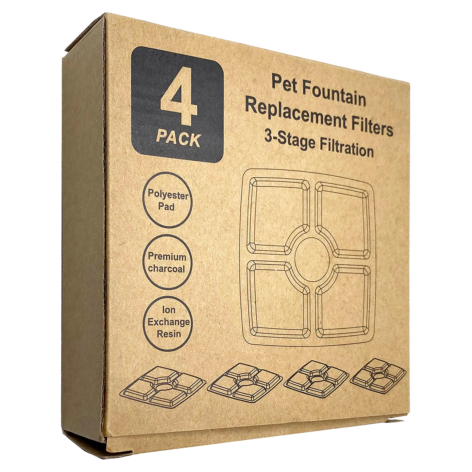 Pet Fountain Filter Set 4-Pack Triple Filtration System Cat/Dog