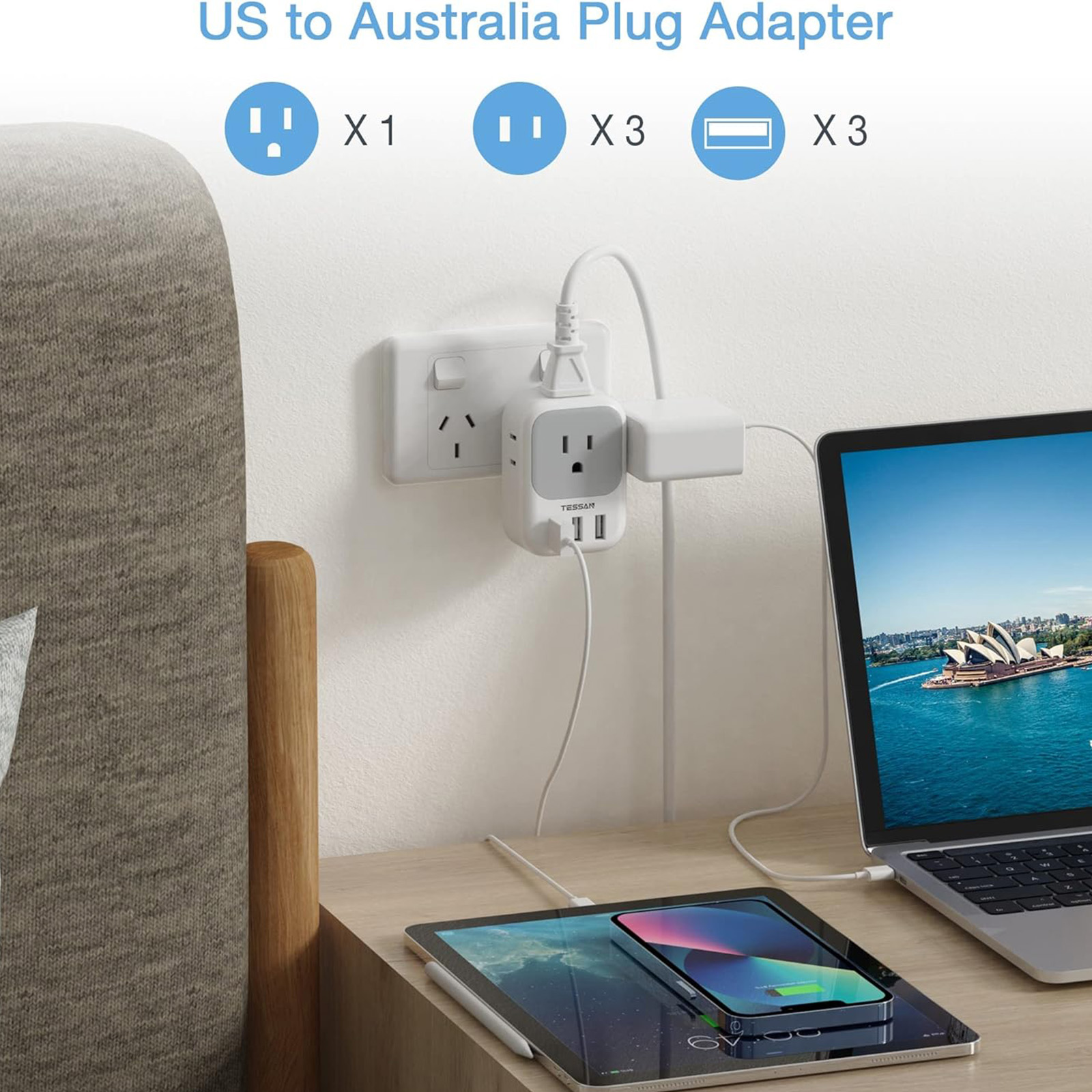 TESSAN Australia Power Plug Type I Adapter with 4 American Outlets 3 USB Charger