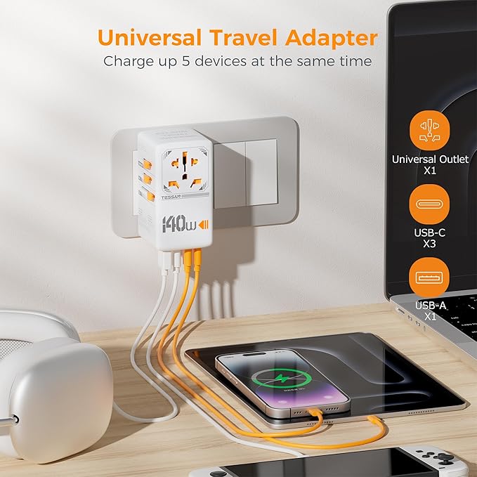 140W GaN Universal Travel Adapter, TESSAN International Plug Adaptor with 1 USB A and 3 USB C Charging Ports, Worldwide Power Outlet for US to Europe UK AUS Ireland(Type C/G/A/I)
