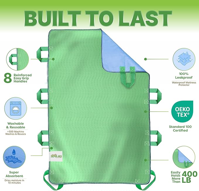 Absorbent Positioning Bed Pads for Elderly with Handles 34"x52"- Washable Waterproof Incontinence Draw Sheets - Reusable Bed Mobility Under Pads for Seniors Disabled & Bedridden Patients - Fast-Drying