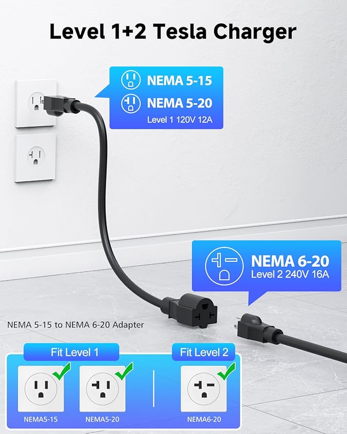 SEGUMA Portable Level 1/2 EV Charger for Tesla, 16Amp NACS Car Charger with 110V-240V, 25FT Extension Cable, NEMA 6-20 Plug, NEMA 5-15 Adapter, Home Mobile Wall Connector EV Charging Station for Tesla Cars