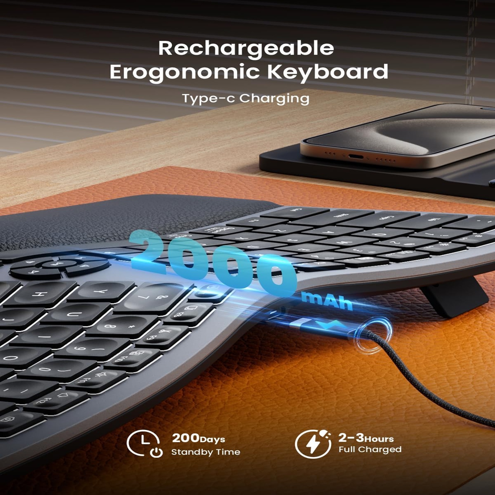 Backlit Wireless Ergonomic Keyboard, EK01 Plus Full Size Ergo Split Keyboard with Wrist Rest, USB-C Charging, Bluetooth and USB, Natural Typing Compatible with Windows/Mac/Android