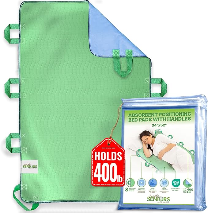 Absorbent Positioning Bed Pads for Elderly with Handles 34"x52"- Washable Waterproof Incontinence Draw Sheets - Reusable Bed Mobility Under Pads for Seniors Disabled & Bedridden Patients - Fast-Drying