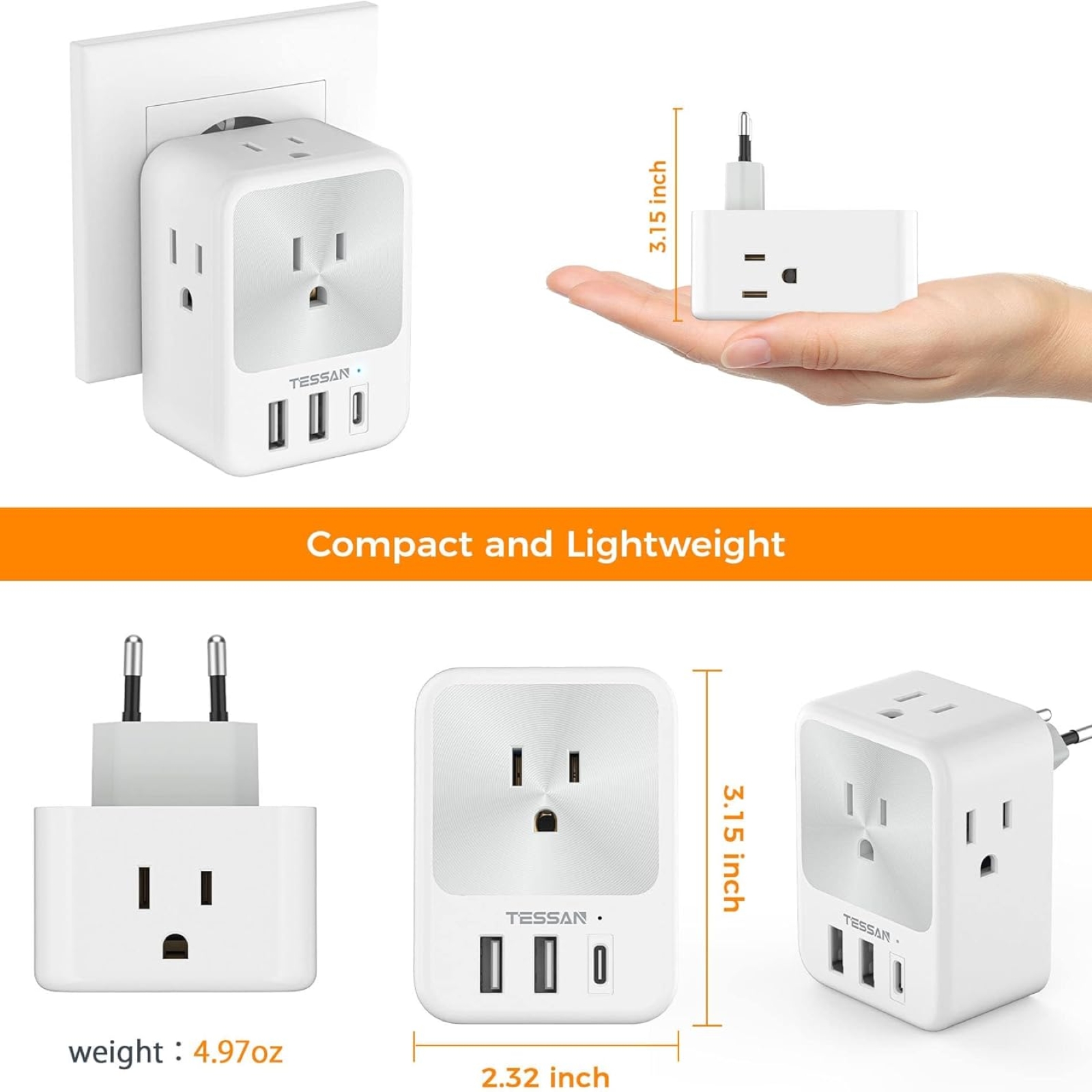 European Travel Plug Adapter 2 Packs, TESSAN Europe International Power Adaptor with 4 Outlets 3 USB Charging Ports (1 USB C), Type C Plug for Germany Iceland Spain Italy France