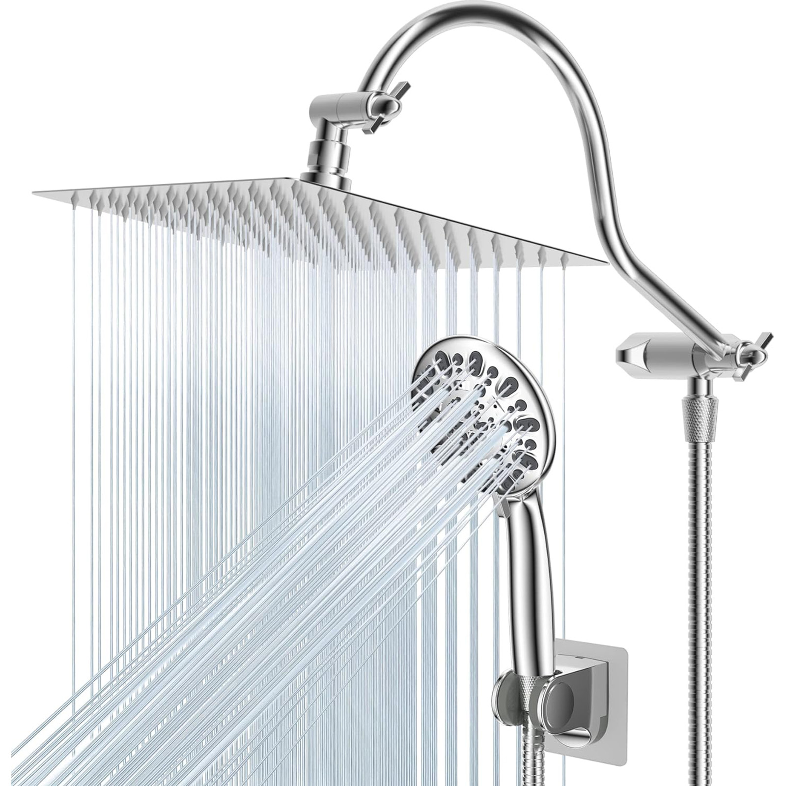 Hibbent All Metal Shower Head, 10'' High Pressure Rainfall Shower Head/Handheld Showerhead Combo with 12'' Adjustable Curved Shower Extension Arm, 7 Sprays, 71'' Shower Hose, Showerhead Holder, Chrome
