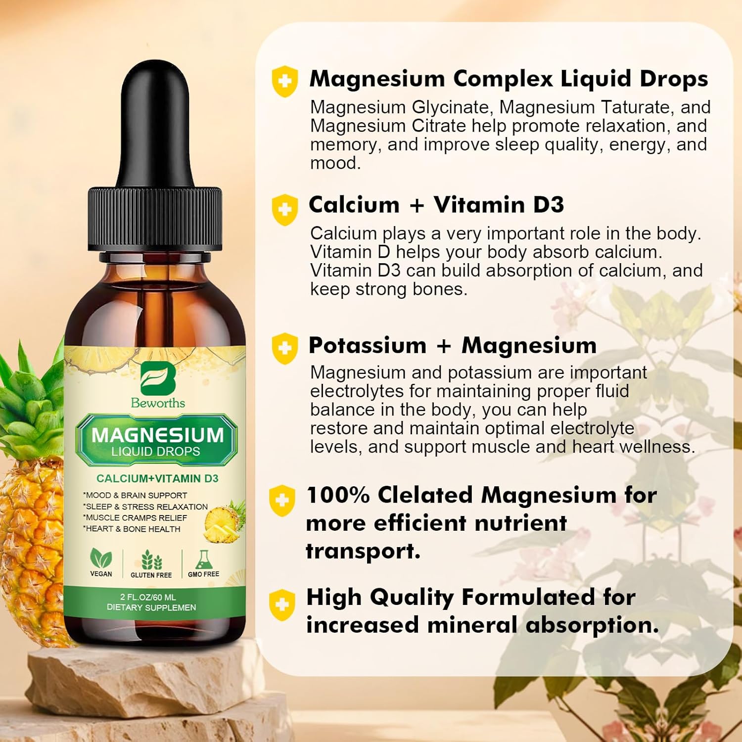Magnesium Glycinate Complex, Magnesium Liquid Drop with Magnesium Citrate, Calcium, Potassium, Vitamin D3, Zinc - Magnesium Taurate Supplement for Bone, Energy, Muscle Support