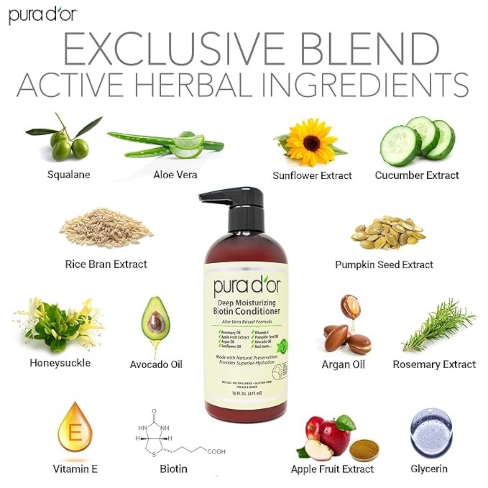 PURA D'OR Deep Moisturizing Biotin Conditioner Thickens, Softens, & Moisturizes Dry, Frizzy, Damaged Hair w/Argan Oil, Pumpkin, Rosemary, Honeysuckle, Vitamin E, Men & Women, 16oz