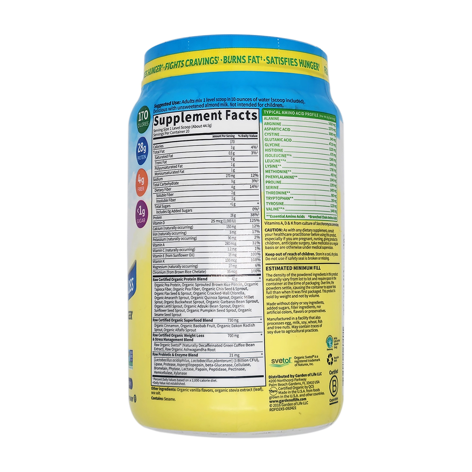 Garden of Life Raw Organic Fit High Protein for Weight Loss 31.39 Oz Powder 