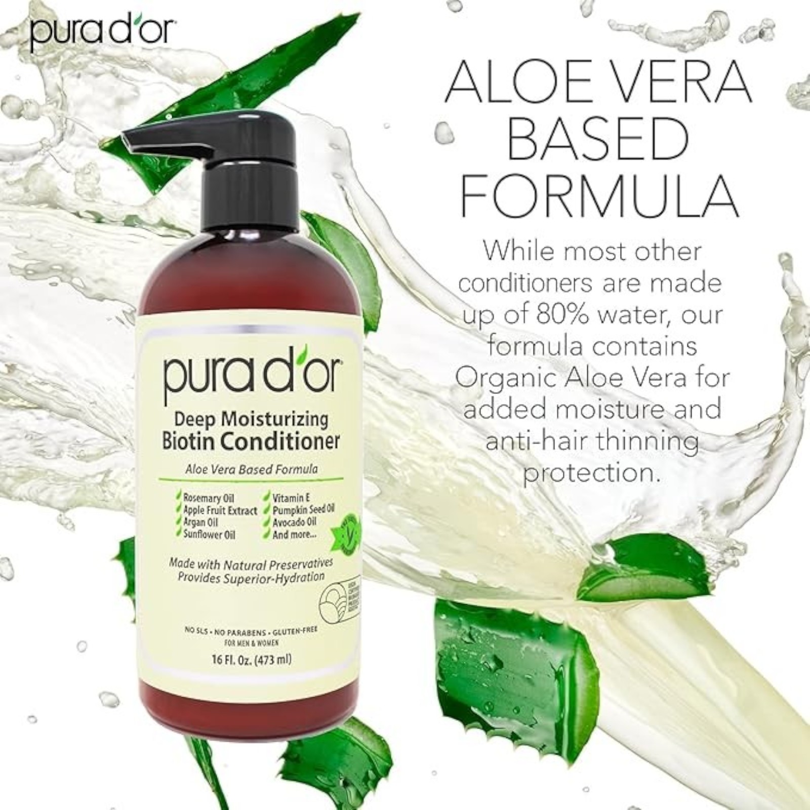 PURA D'OR Deep Moisturizing Biotin Conditioner Thickens, Softens, & Moisturizes Dry, Frizzy, Damaged Hair w/Argan Oil, Pumpkin, Rosemary, Honeysuckle, Vitamin E, Men & Women, 16oz