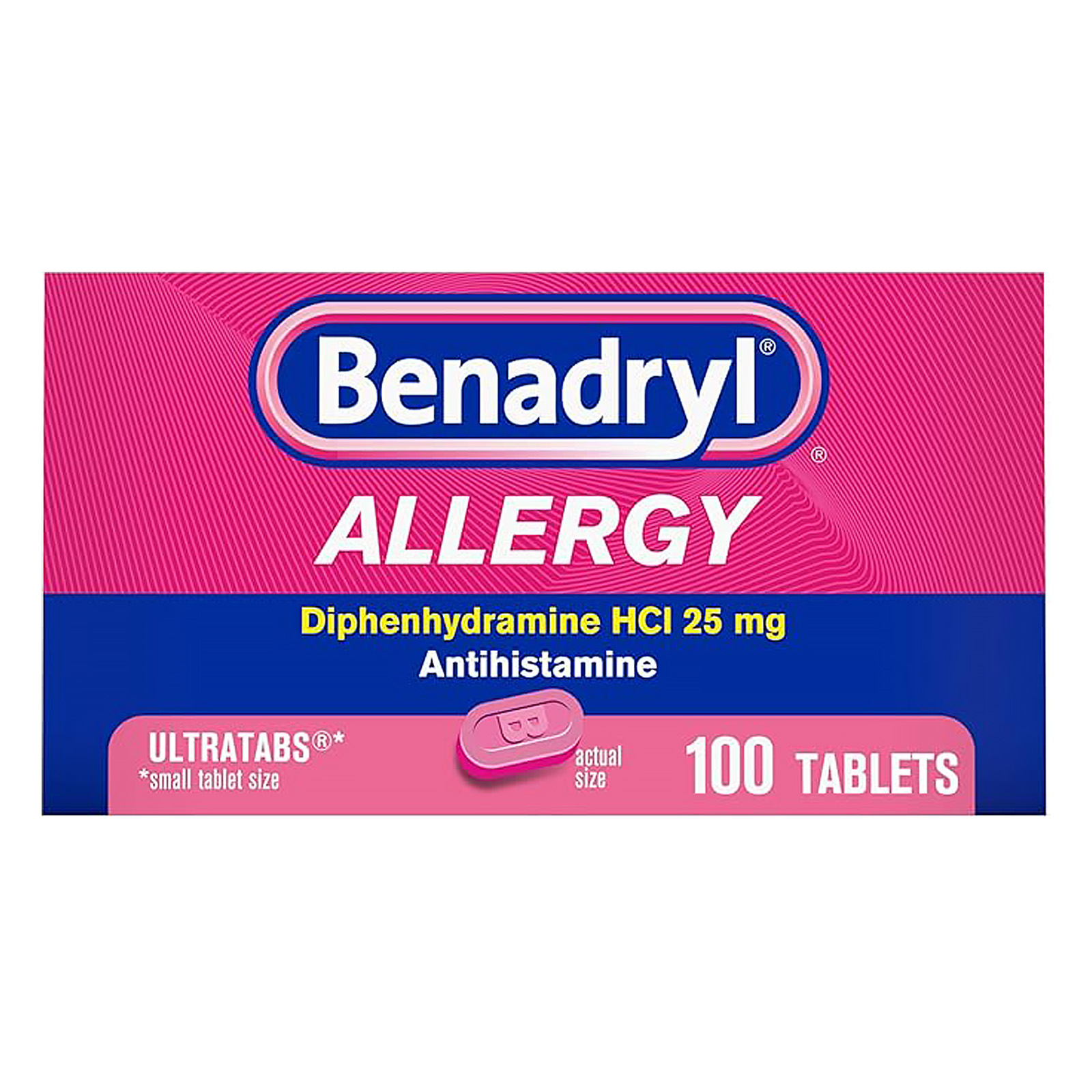 Benadryl Ultratabs Allergy Relief Medicine, 25 mg Diphenhydramine HCl Antihistamine Tablets For Relief of Cold & Allergy Symptoms Like Sneezing, Runny Nose, & Itchy Eyes & Throat, 100 ct