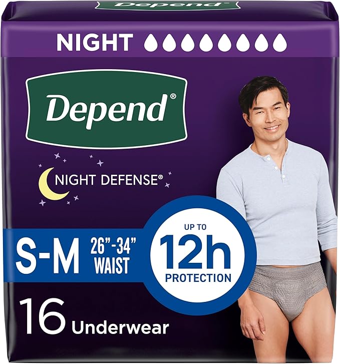 Depend Night Defense Adult Incontinence Underwear for Men, Disposable, Overnight, Small/Medium, Grey, 16 Count, Packaging May Vary