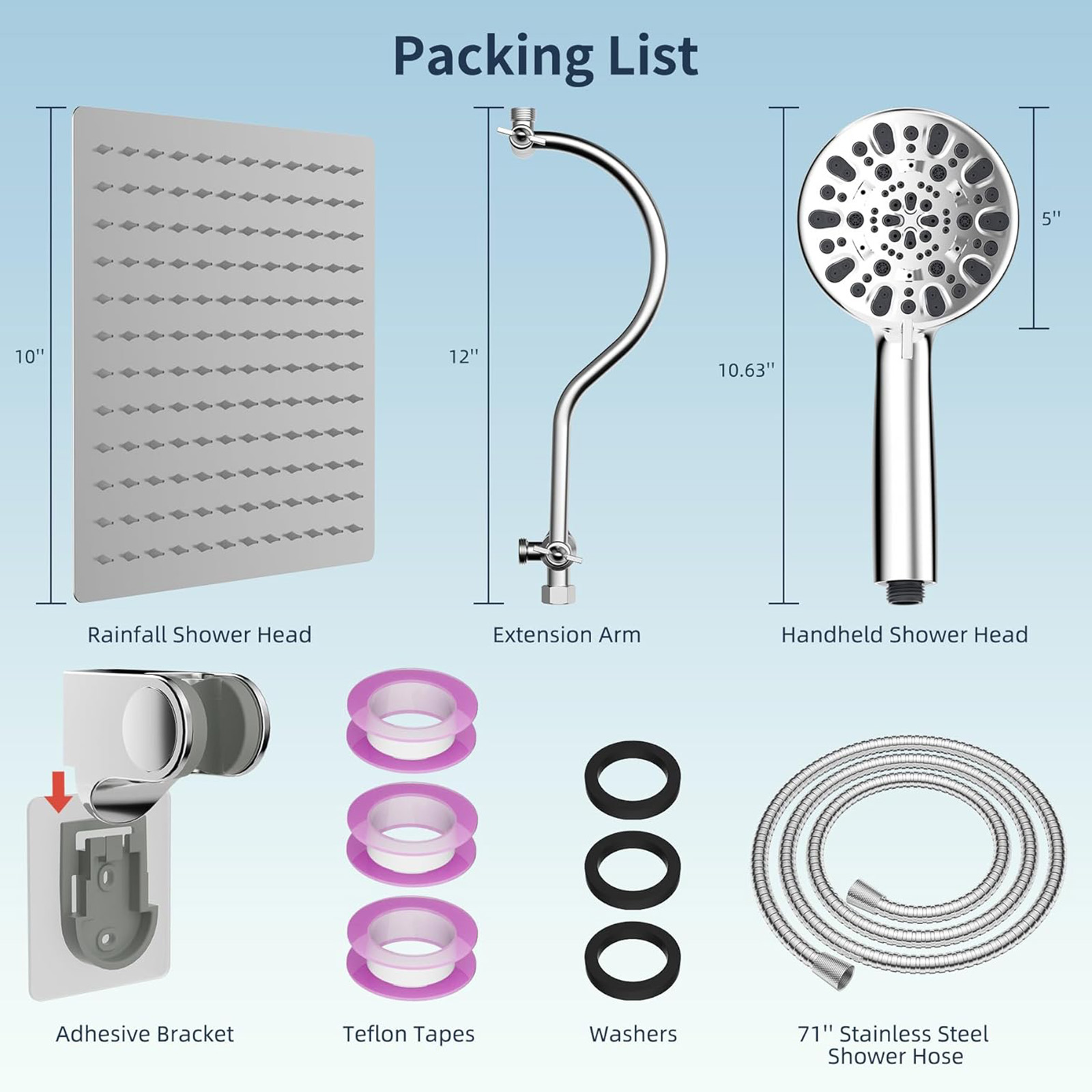Hibbent All Metal Shower Head, 10'' High Pressure Rainfall Shower Head/Handheld Showerhead Combo with 12'' Adjustable Curved Shower Extension Arm, 7 Sprays, 71'' Shower Hose, Showerhead Holder, Chrome