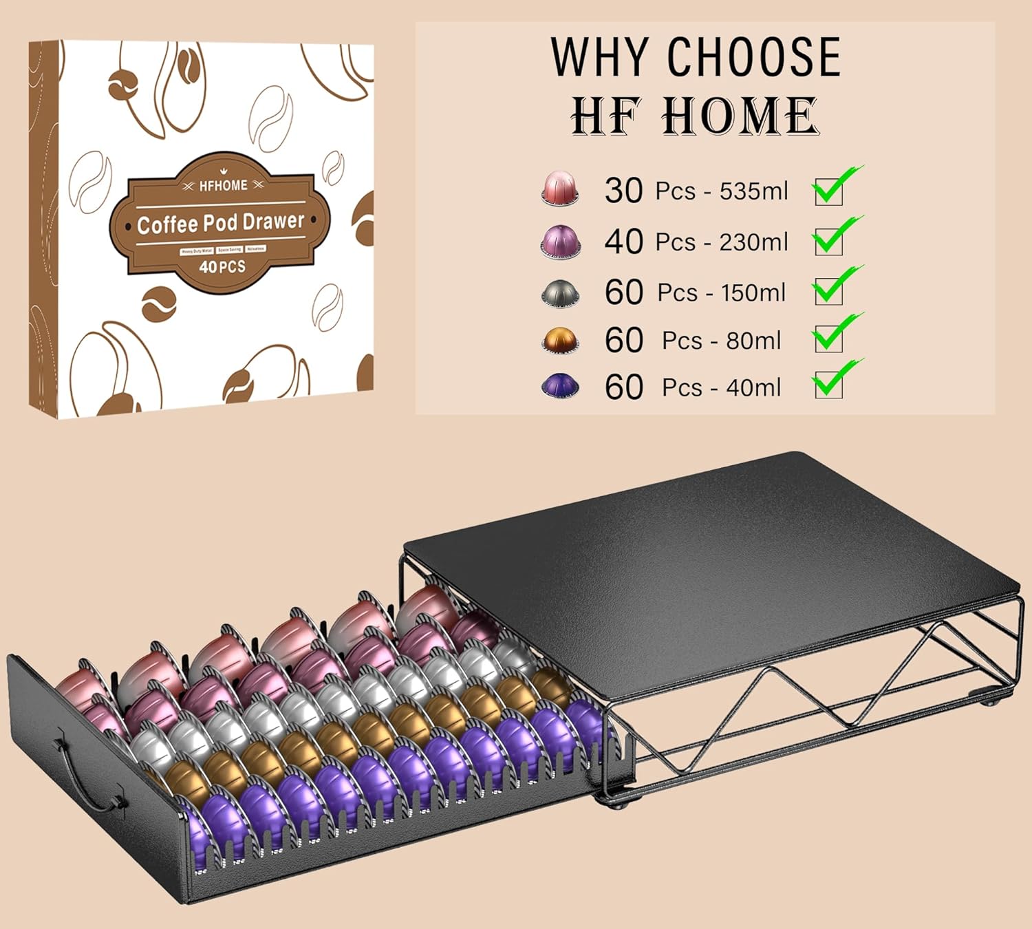 HFHOME Coffee Pod Holder Drawer Compatible with Nespresso - 40 Large or 60 Small
