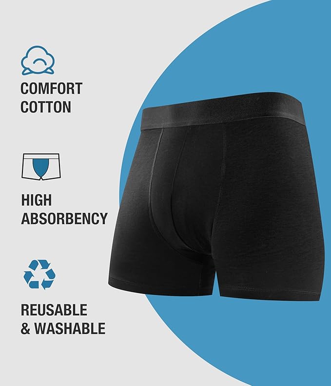 YESWEL Men's Incontinence Underwear, Leak Proof Washable Reusable Cotton Boxer Brief, Heavy Flow Bladder Leak 3 Pack (Black, Large)