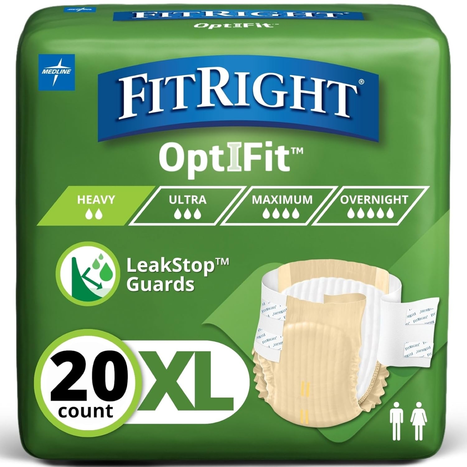 Extra+ OptiFit Heavy Absorbency Adult Diapers, FSA/HSA Eligible,20 Count, Waist Size 56"-64" ,XL , Incontinence Briefs for Men and Women, Disposable, Moisture Wicking, Leak Protection
