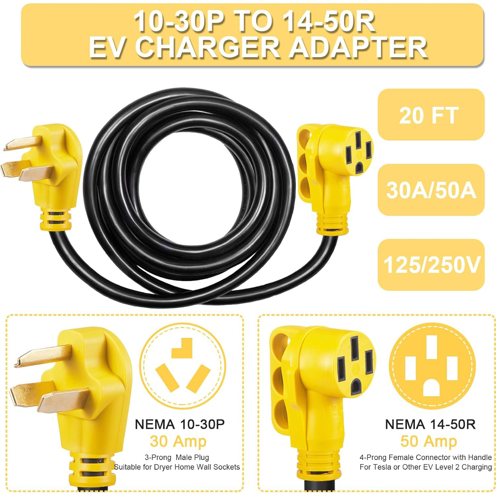 20ft EV Charger Adapter Cord Compatible with NEMA 10-30P to 14-50R, 30 Amp 3 Prong Dryer to 50 Amp 4 Prong EV Only for Tesla or EV Level 2 Charging, EV Extension Cord with Handle, ETL Listed