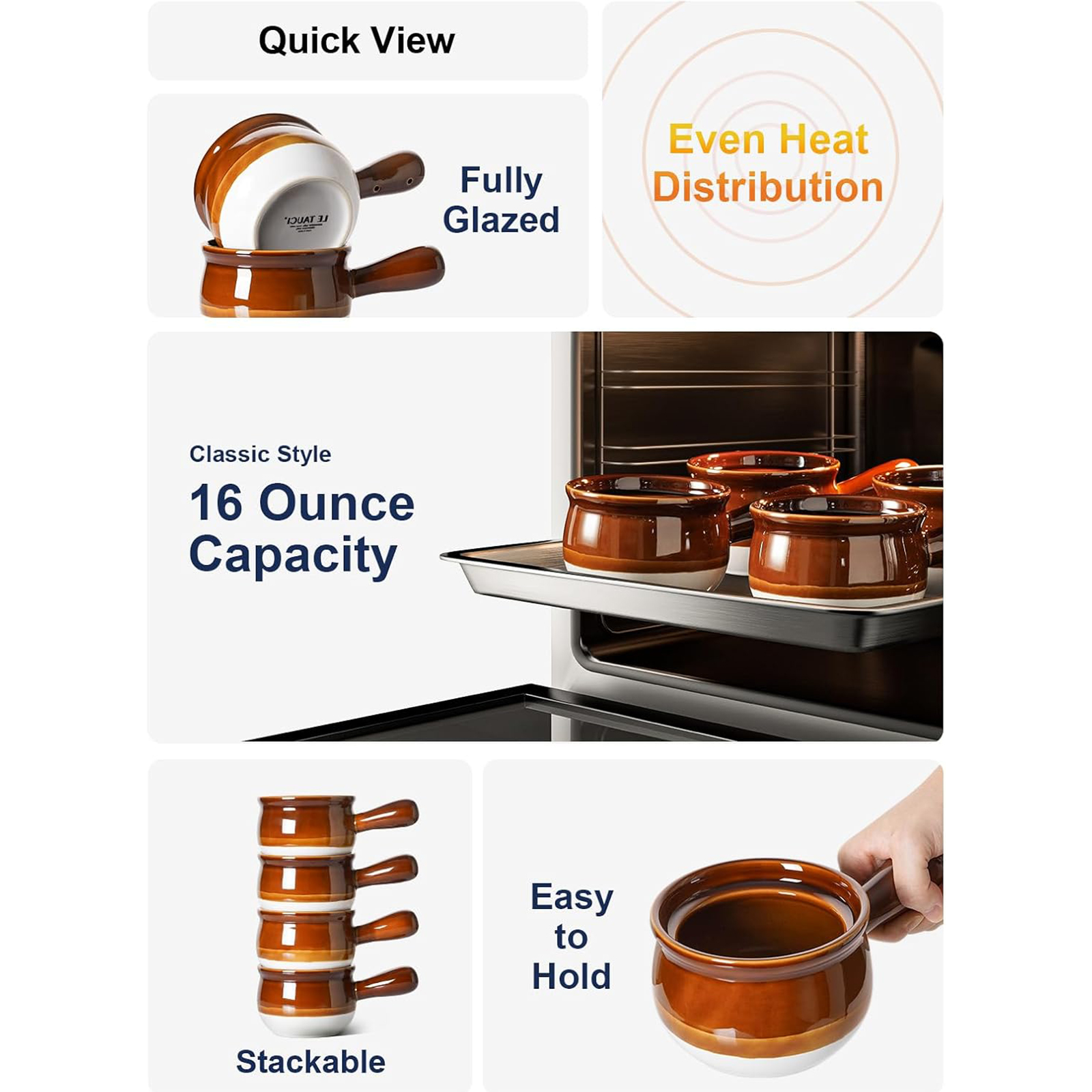 LE TAUCI French Onion Soup Bowls, 16 Ounces Ceramic Soup Bowls with Handles for Soup, Cereal, Chilli, Beef Stew, Soup Crocks Oven Safe and Stackable, Set of 4