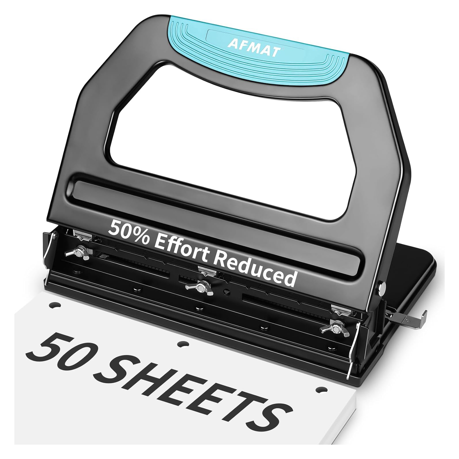 AFMAT Heavy Duty 3 Hole Punch, 50-Sheet, 50% Reduced Effort, Adjustable Two & Three Hole Punch, Metal Paper Puncher w/Large Chip Tray, Metal Paper Guide, Black (NO BOX)