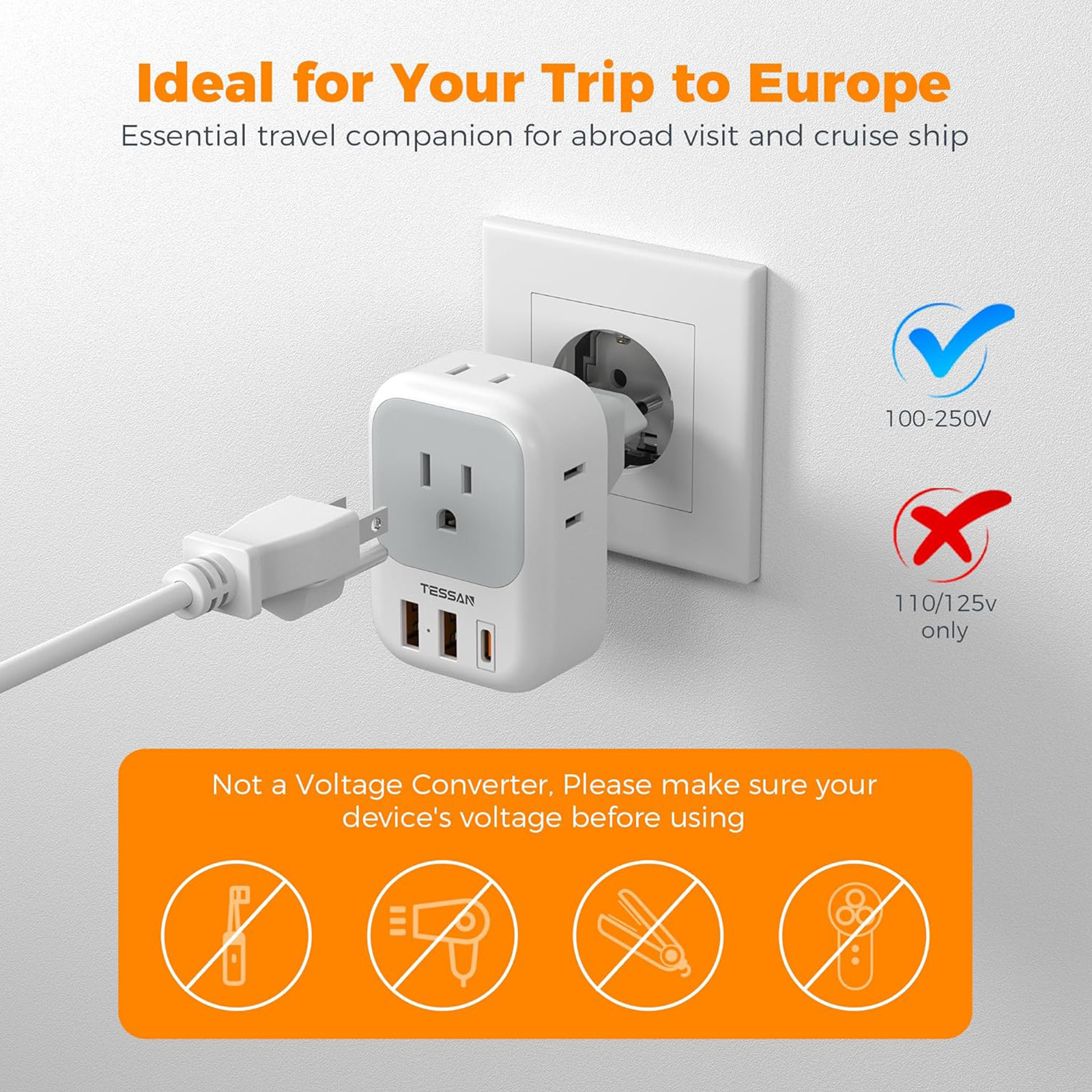 TESSAN European Travel Plug Adapter 2 Packs, Type C Europe Adaptor Foldable
