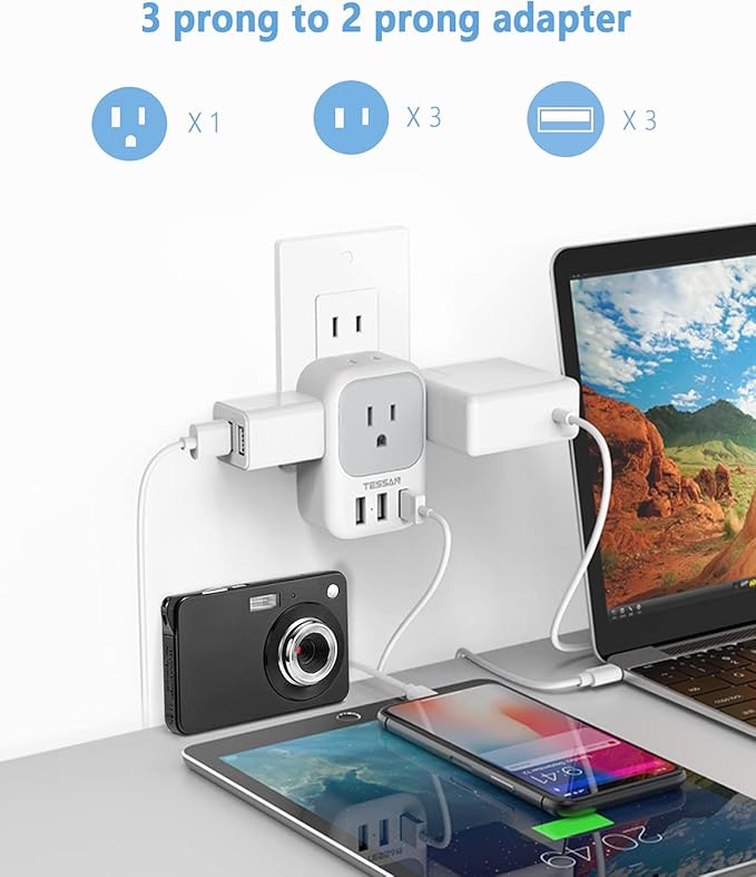 TESSAN US to Japan Plug Adapter 2 Pack, 2 Prong to 3 Prong Outlet Adapter with 4 AC and 3 USB Charger, Type A Travel Power Adaptor for USA to Japanese Tokyo Canada Mexico Philippines Peru China Colombia