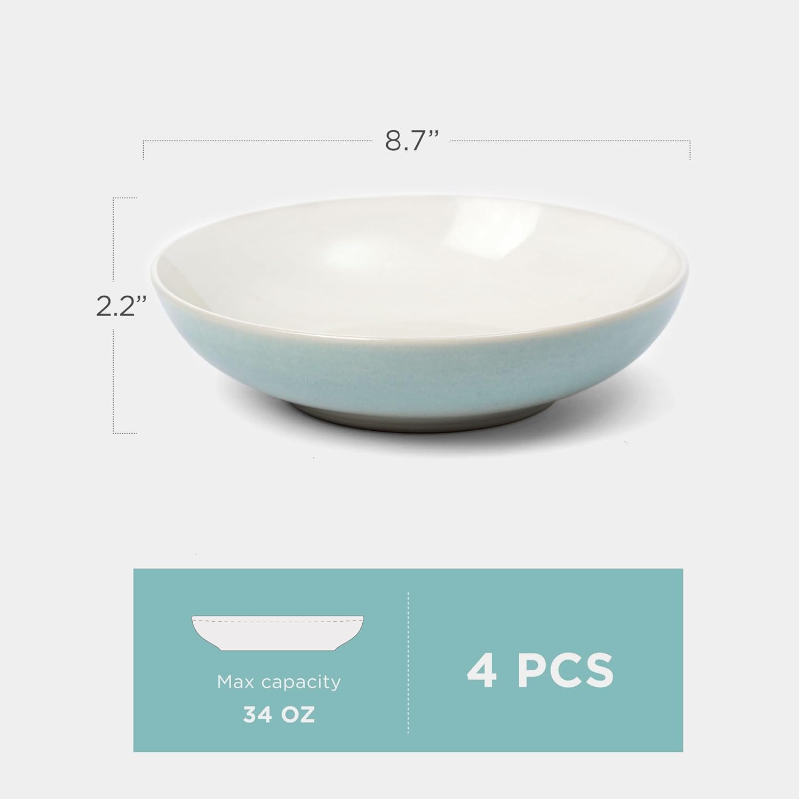 famiware 8.7" Large Pasta Bowls Set of 4, 34oz Stoneware Salad Bowl Serving Plate Bowls, Bowls for Pasta, Fruits, Salad, Noodle, Soup, Dinner- Microwave Dishwasher Safe, Glacier Series, Aqua