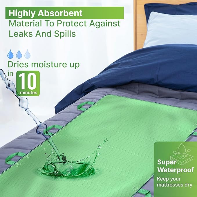 Absorbent Positioning Bed Pads for Elderly with Handles 34"x52"- Washable Waterproof Incontinence Draw Sheets - Reusable Bed Mobility Under Pads for Seniors Disabled & Bedridden Patients - Fast-Drying