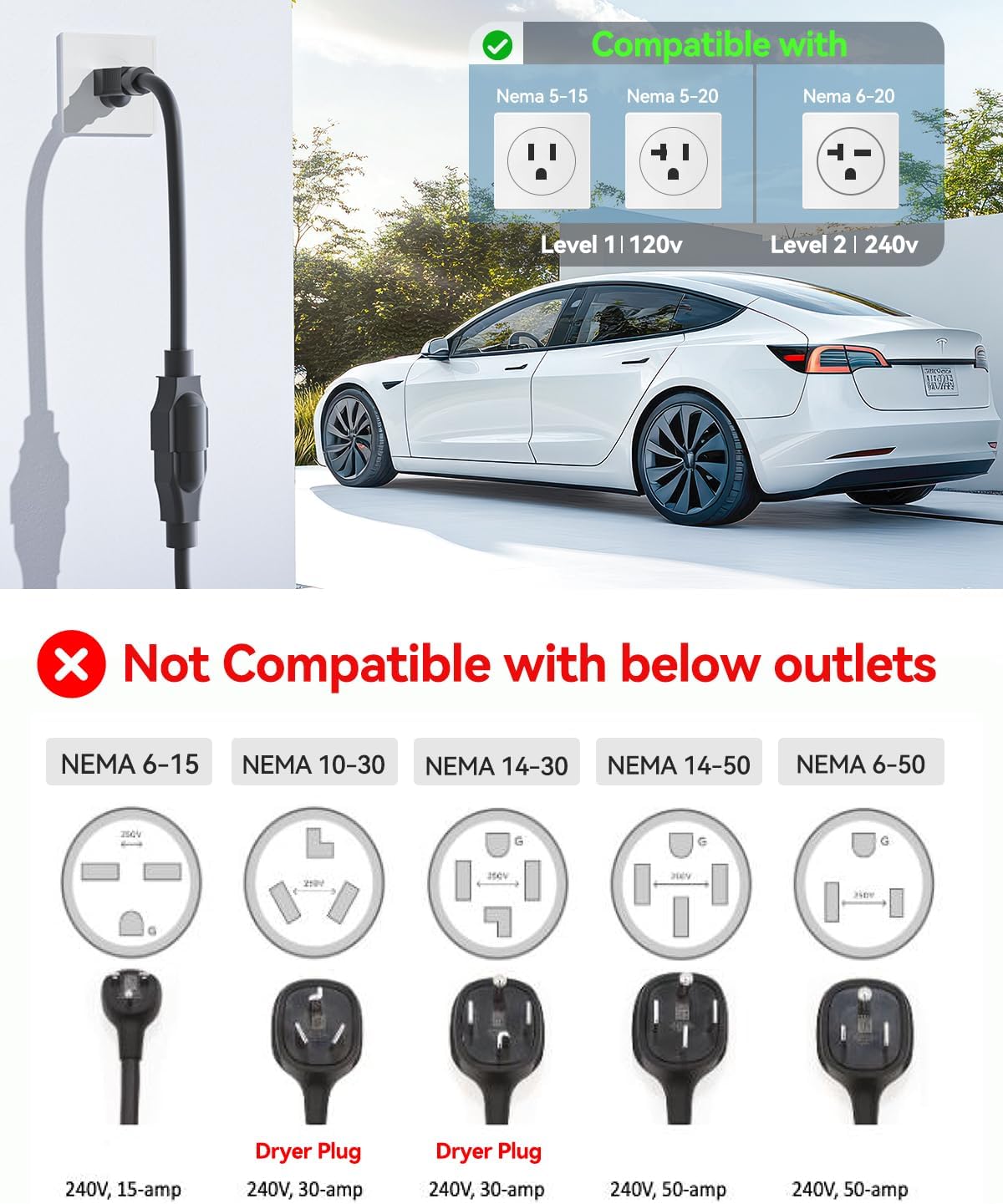 SEGUMA Portable Level 1/2 EV Charger for Tesla, 16Amp NACS Car Charger with 110V-240V, 25FT Extension Cable, NEMA 6-20 Plug, NEMA 5-15 Adapter, Home Mobile Wall Connector EV Charging Station for Tesla Cars