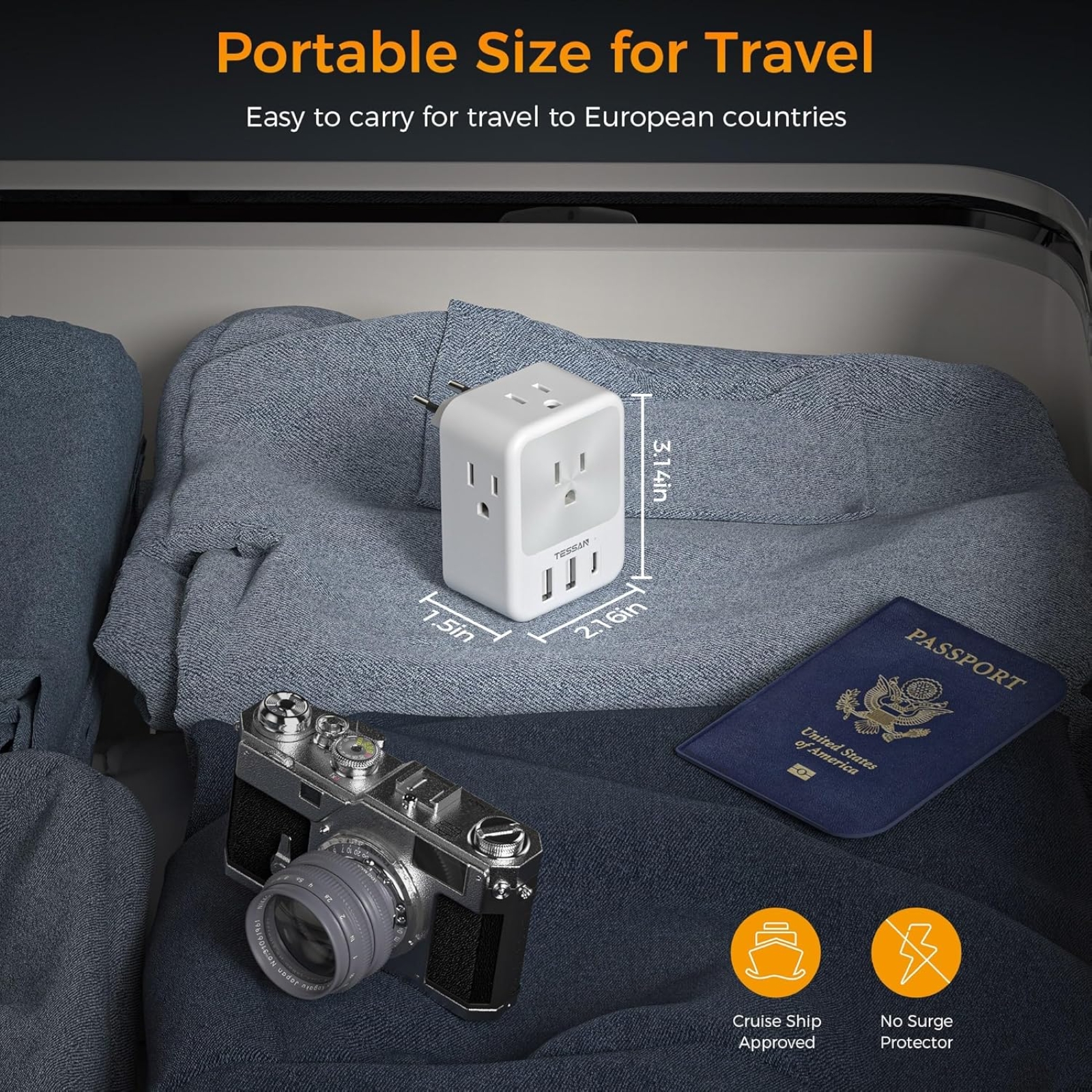 European Travel Plug Adapter 2 Packs, TESSAN Europe International Power Adaptor with 4 Outlets 3 USB Charging Ports (1 USB C), Type C Plug for Germany Iceland Spain Italy France