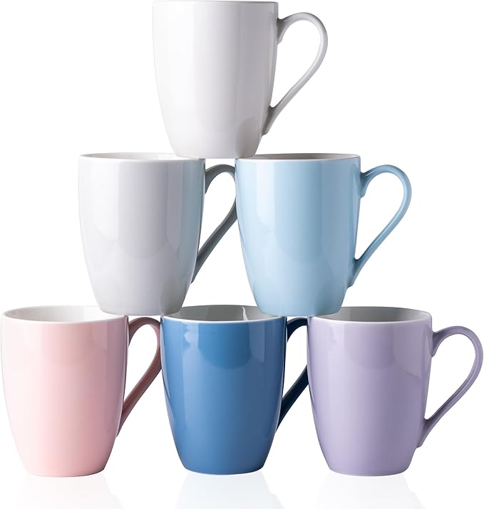 GBHOME 16 oz Large Porcelain Coffee Mugs Set of 6, Light Weight Ceramic Coffee Cups Set Dishwasher & Microwave Safe, Multi-Color