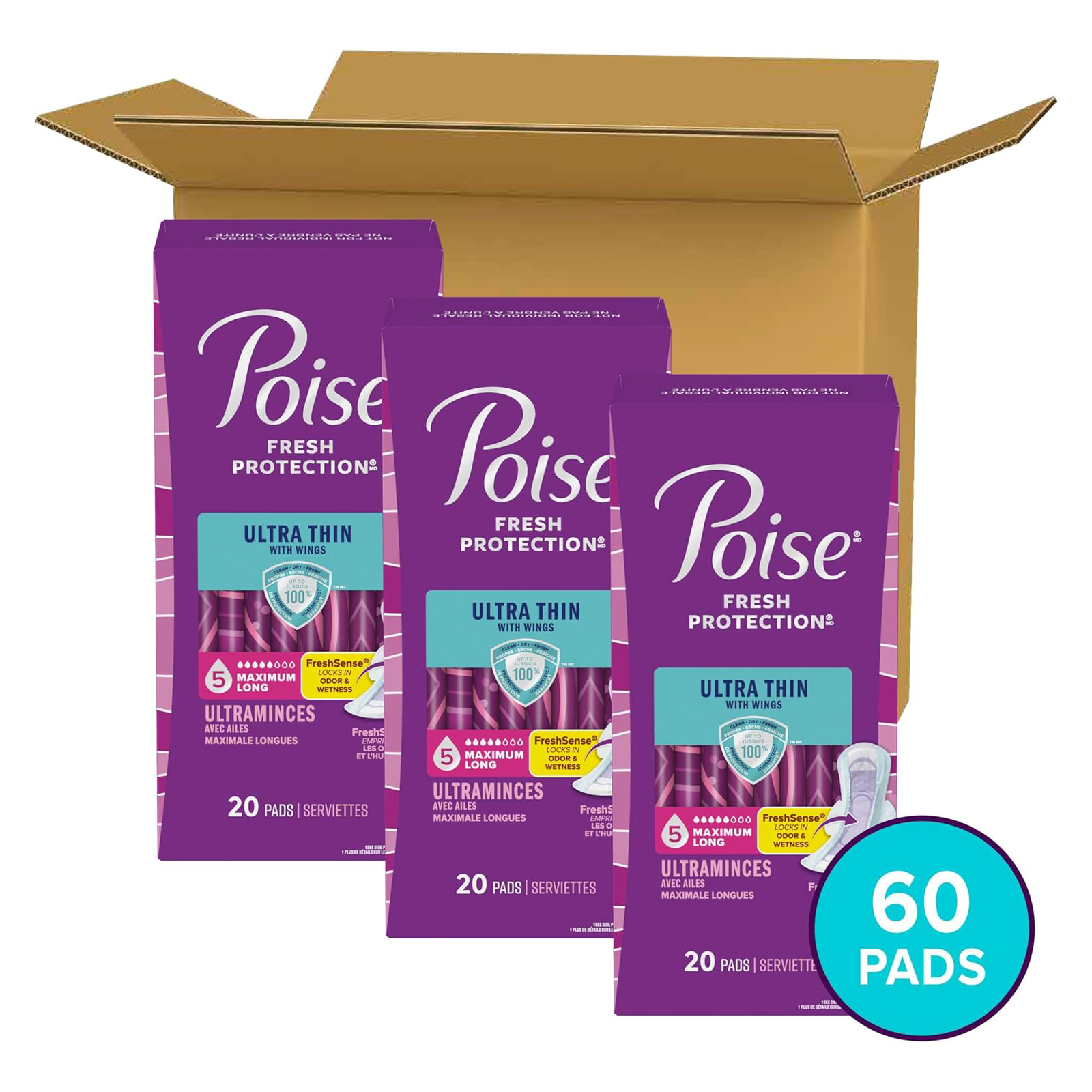 Poise Ultra Thin Incontinence & Postpartum Pads with Wings for Bladder Leaks, 5 Drop Maximum Absorbency, Long Length, 60 Count, Packaging May Vary
