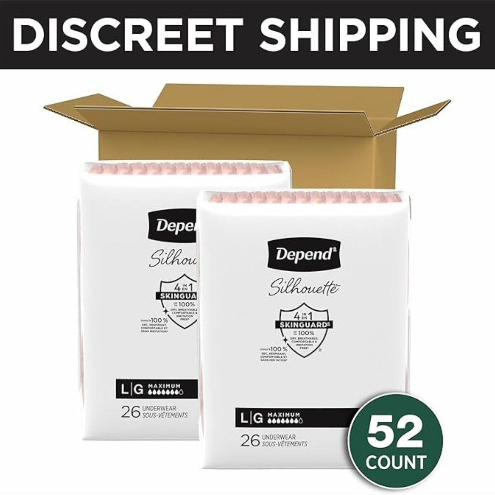 Depend Silhouette Adult Incontinence & Postpartum Bladder Leak Underwear for Women, Maximum Absorbency, Large, Pink, 52 Count (2 Packs of 26), Packaging May Vary