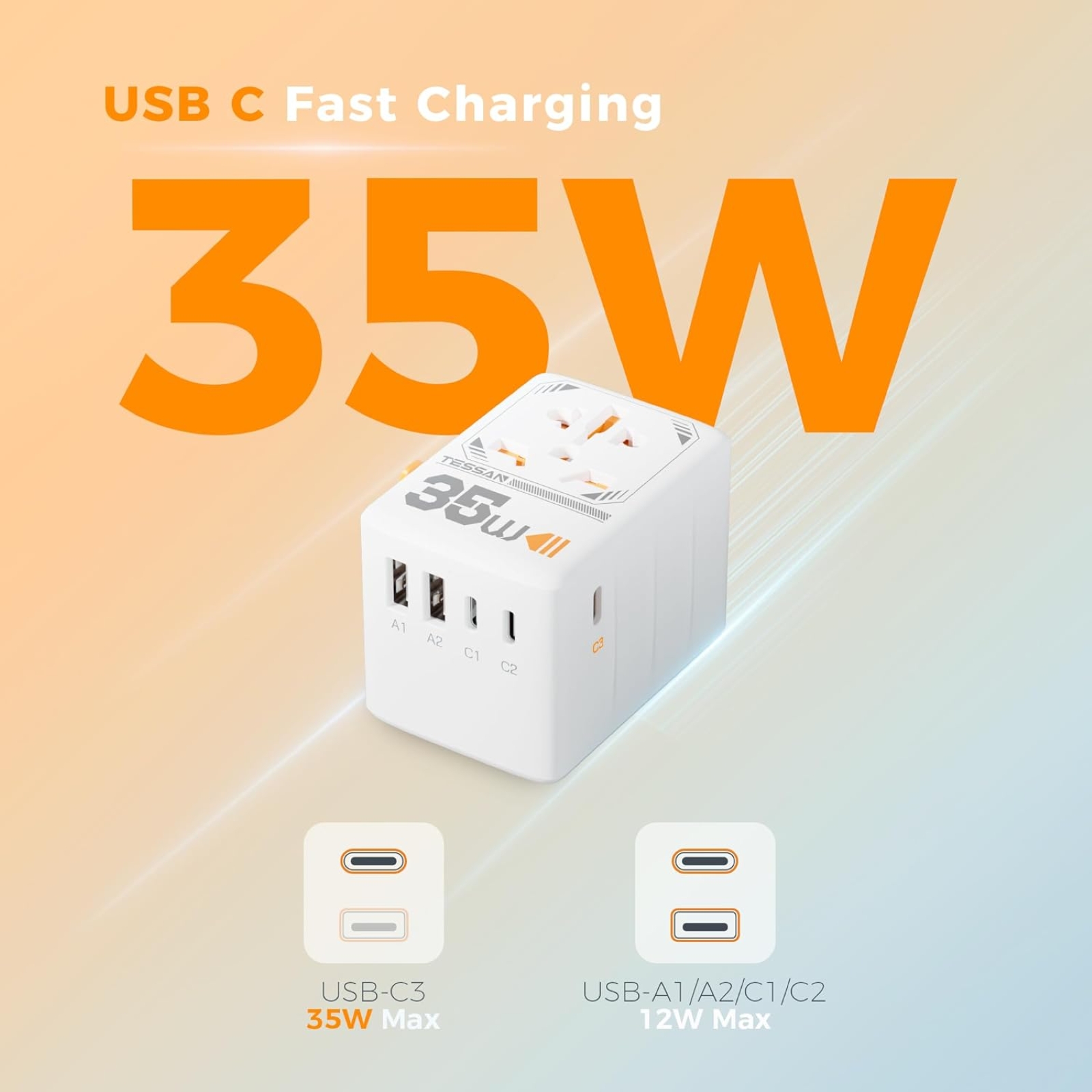 TESSAN 35W Universal Travel Adapter, International Plug Adaptor with 3 USB C and 2 USB A Charging Ports, Worldwide Power Outlet for US to European EU UK AUS Ireland(Type C/G/A/I)