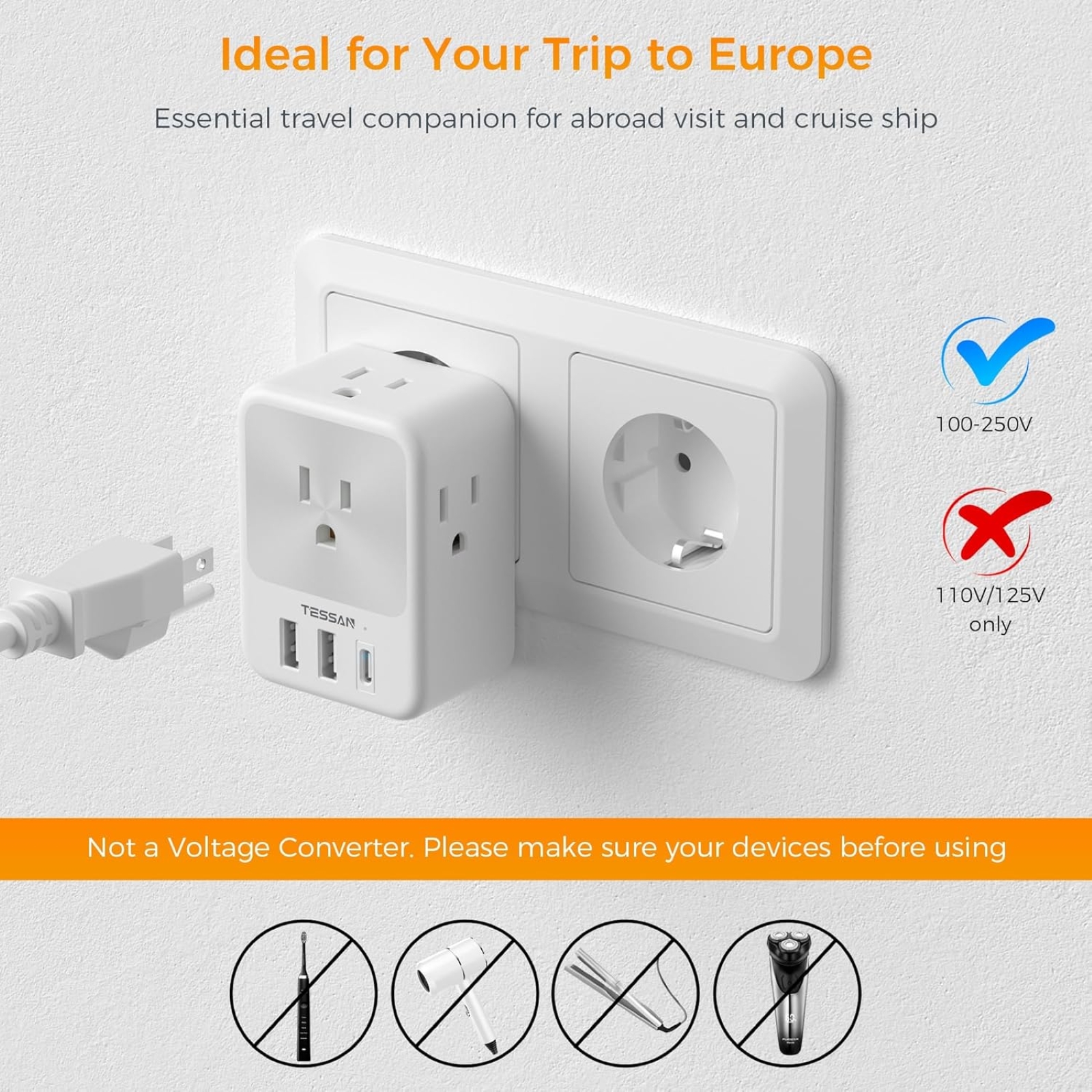 European Travel Plug Adapter 2 Packs, TESSAN Europe International Power Adaptor with 4 Outlets 3 USB Charging Ports (1 USB C), Type C Plug for Germany Iceland Spain Italy France