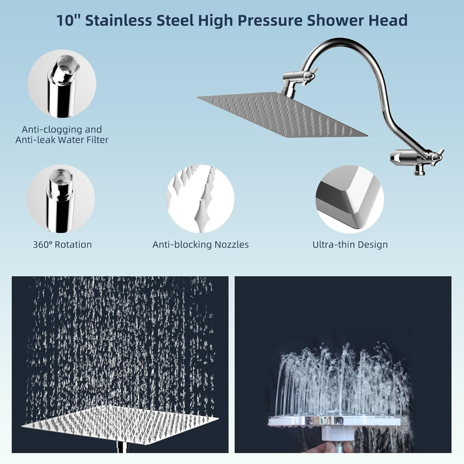 Hibbent All Metal Shower Head, 10'' High Pressure Rainfall Shower Head/Handheld Showerhead Combo with 12'' Adjustable Curved Shower Extension Arm, 7 Sprays, 71'' Shower Hose, Showerhead Holder, Chrome