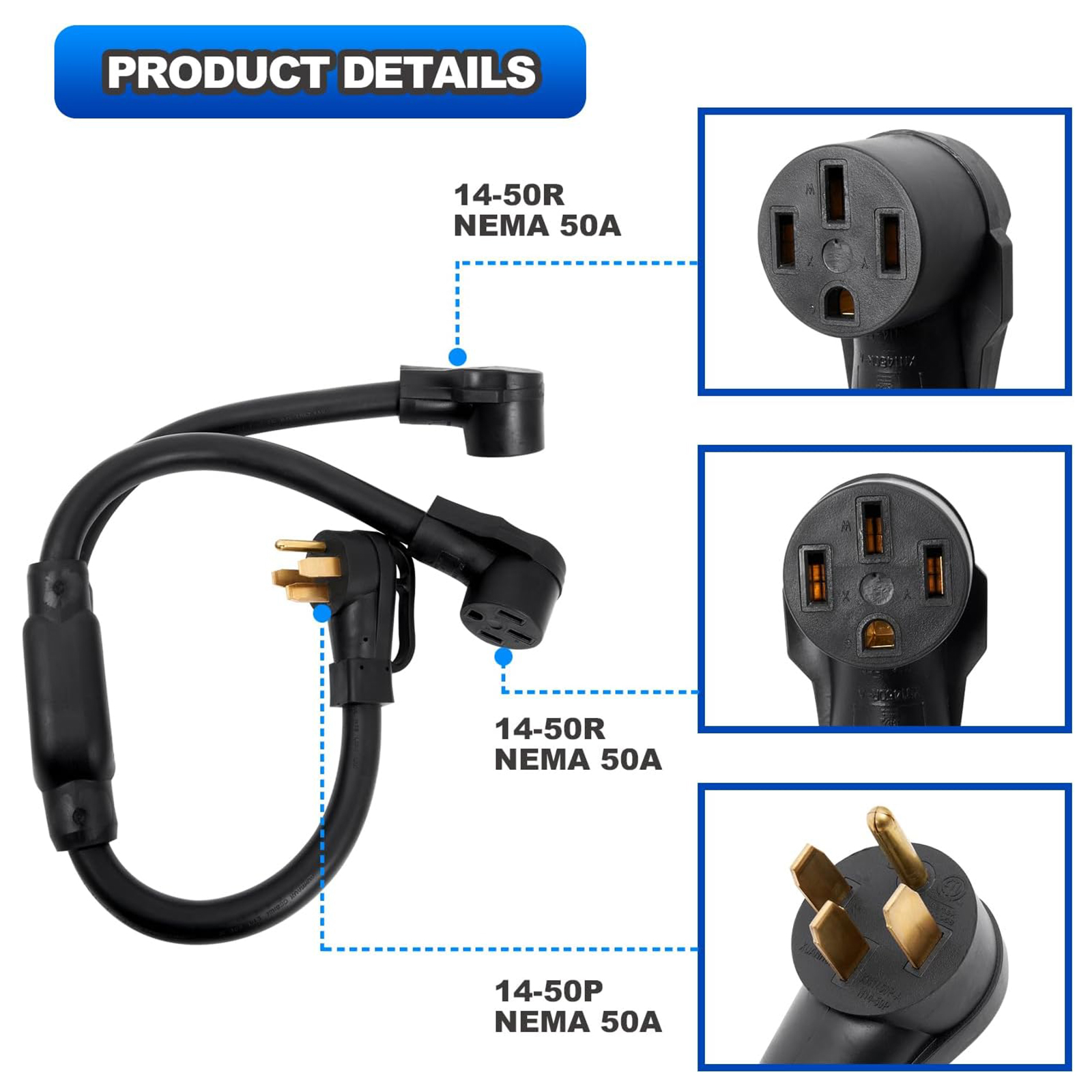 14-50 Y Splitter Adapter Power Cord 240V for RV and EV, NEMA 14-50P Male Plug to 14-50R, 6/3+8/1 STW AWG Gauge Plug Extension Cord Adapter 3 feet (4 Prong), RV EV Auto Tesla Model 3/S/X/Y